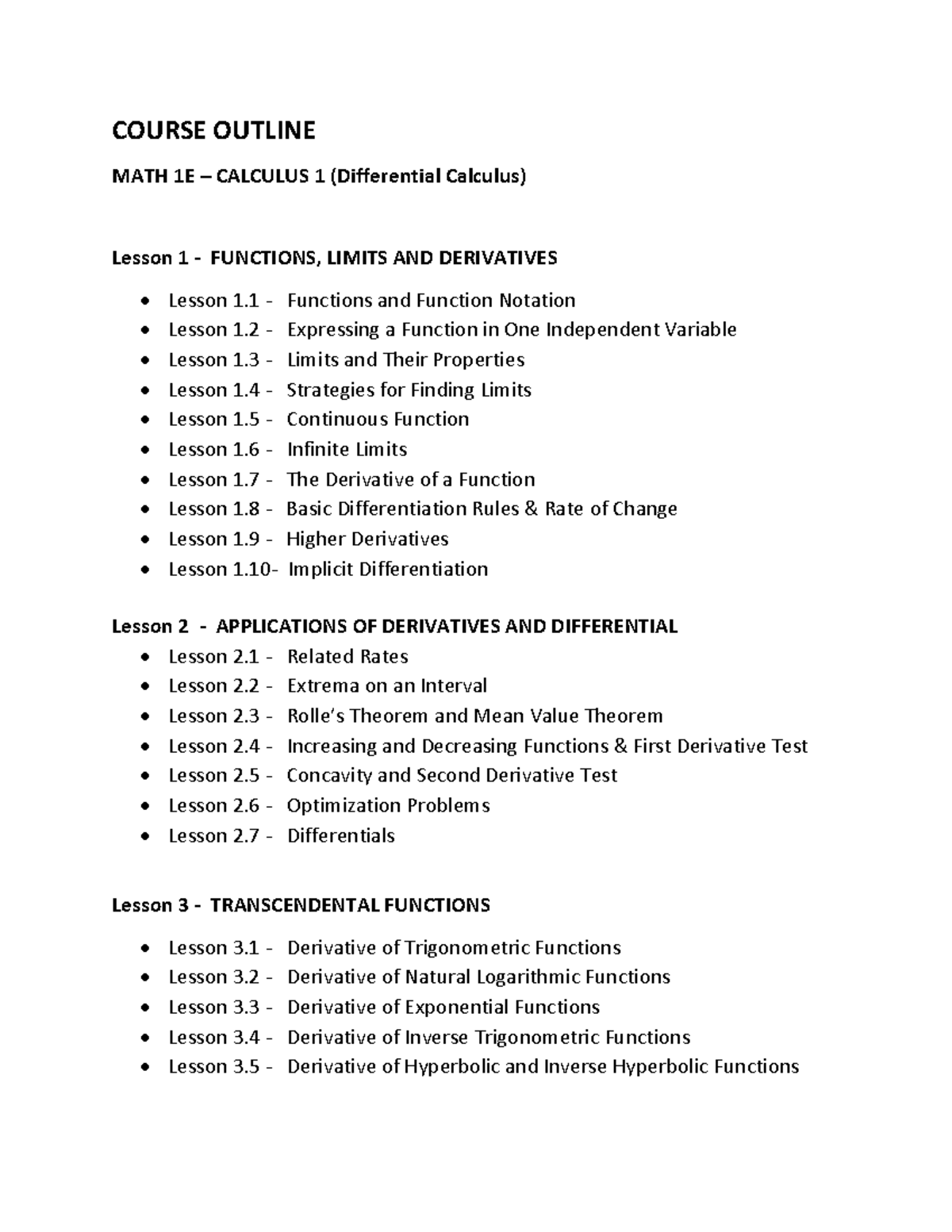 Course Outline for MATH 1E - Differential Calculus Lessons - Studocu