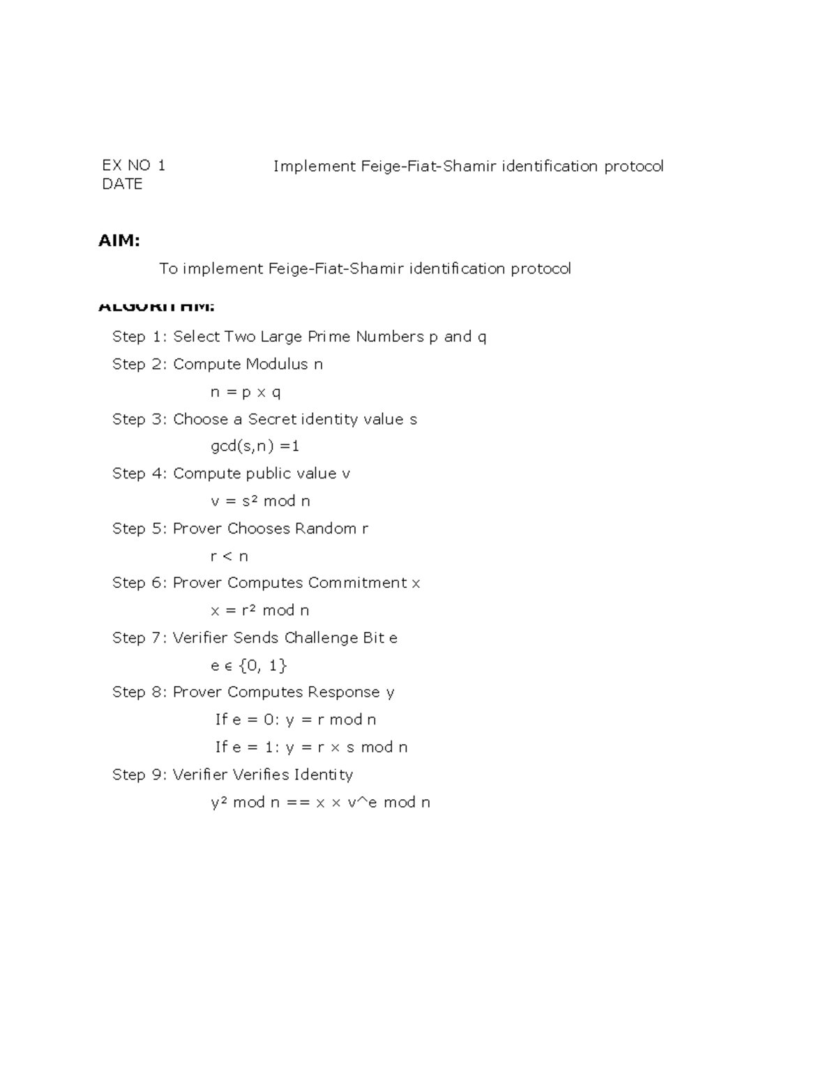 Modern Cryptography Lab Manual: Implementation of Identification ...