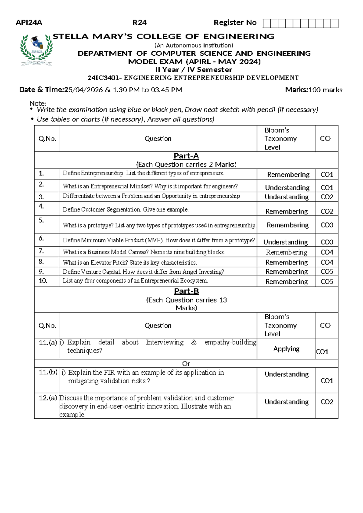 API24A Engineering Entrepreneurship Development Model Exam QP - May ...