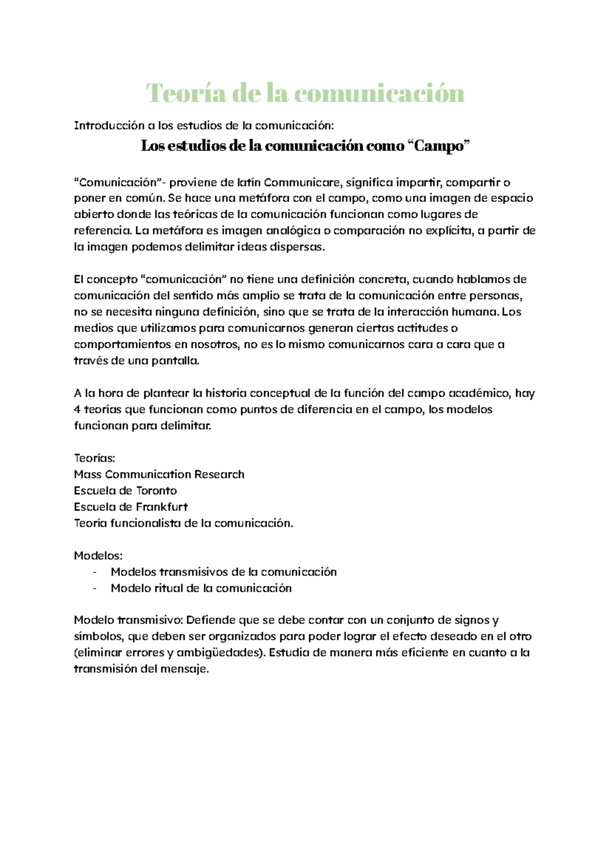 Teoría de la Comunicación I: Introducción y Conceptos Clave - Studocu