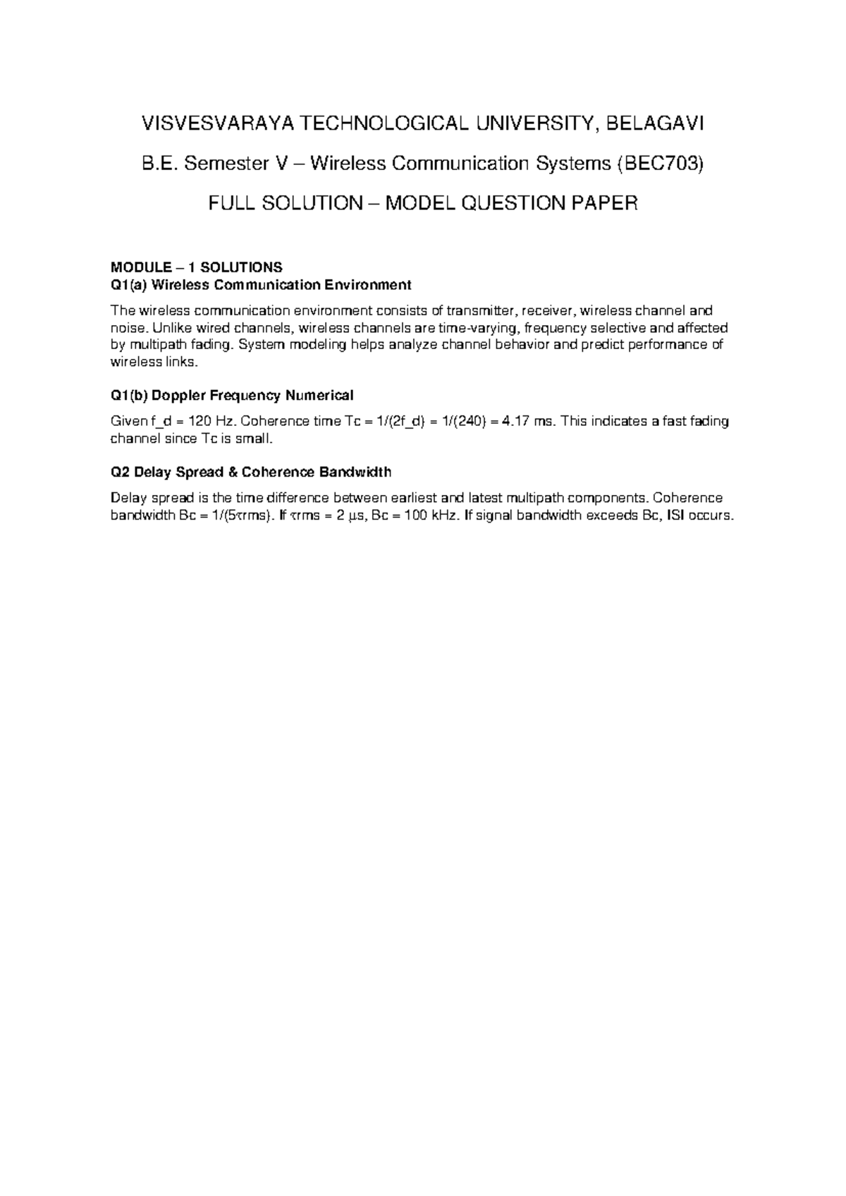 BEC703 Wireless Communication Systems Full Solutions - VISVESVARAYA ...