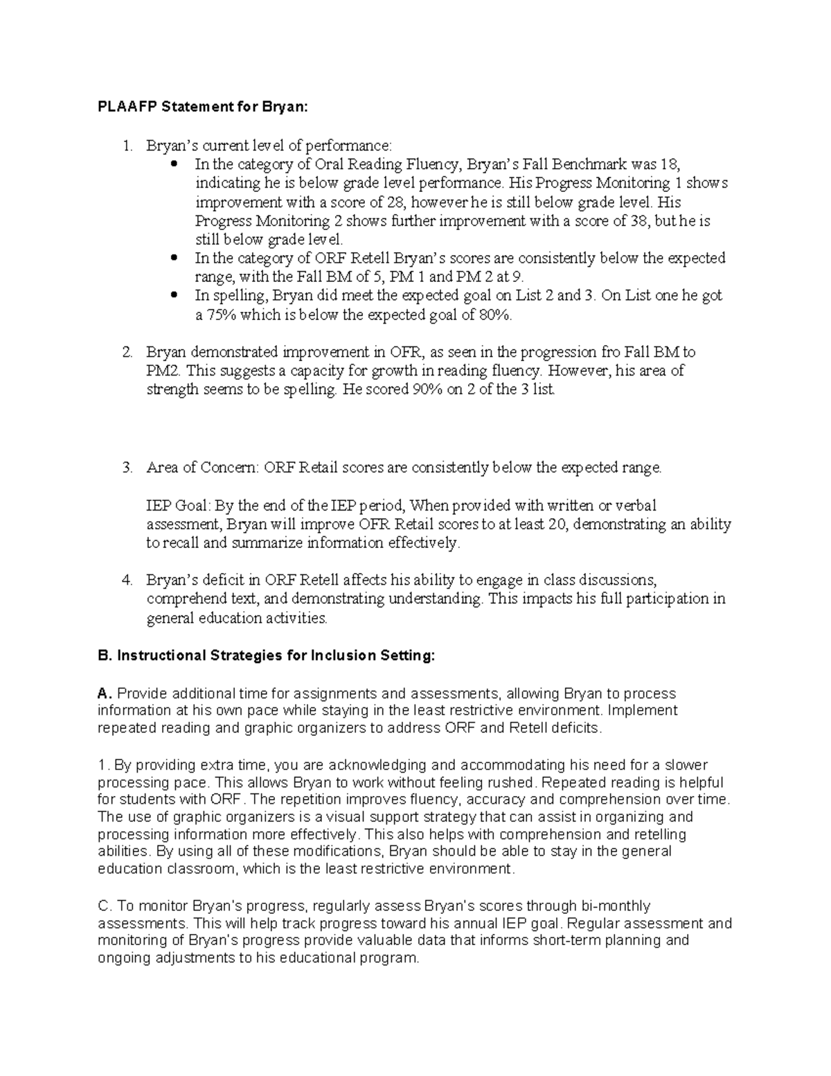 OAM1 Task 1 - PLAAFP Statement & Strategies for Bryan's IEP - Studocu