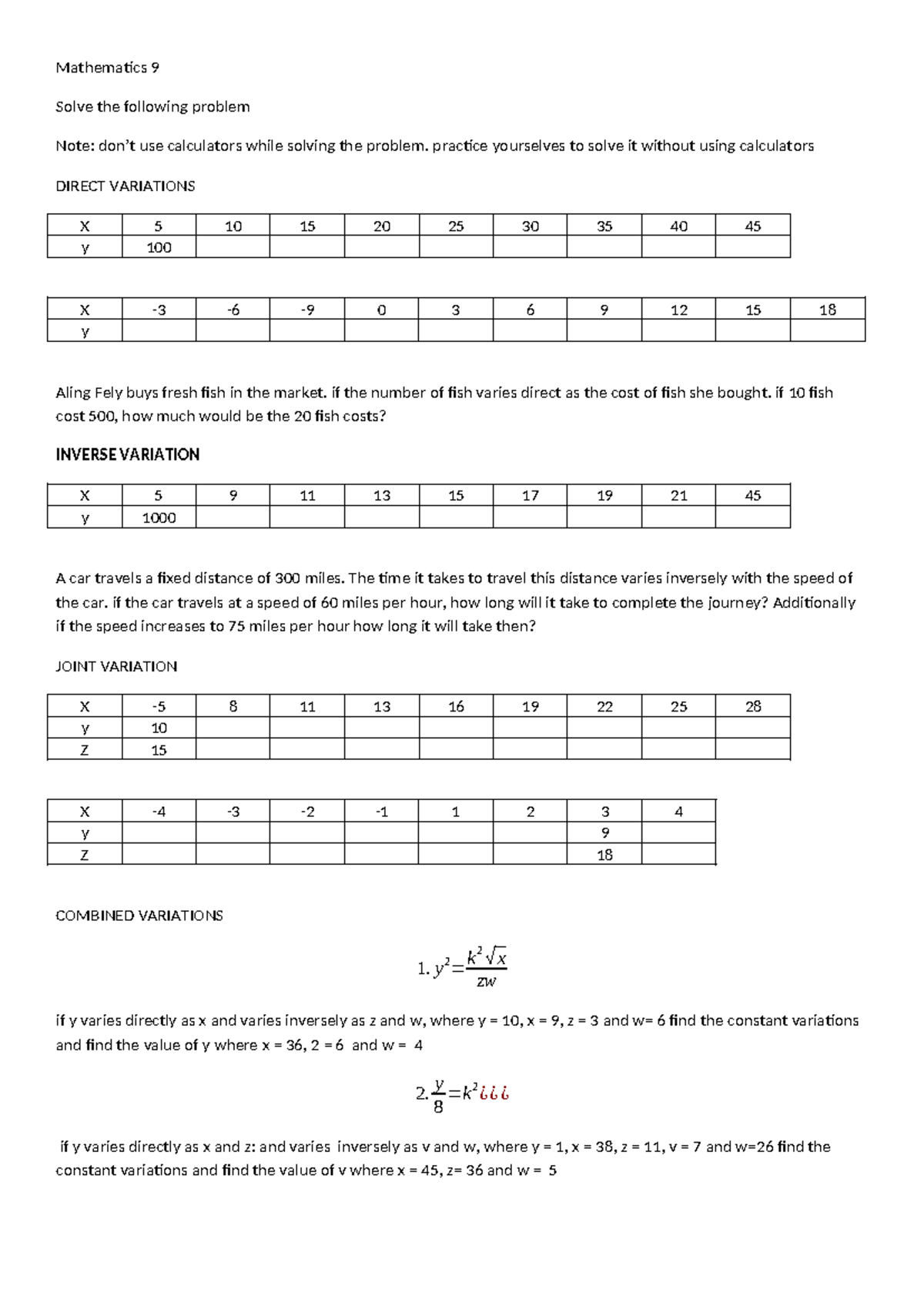 Mathematics-9 - math practices - Mathematics 9 Solve the following ...