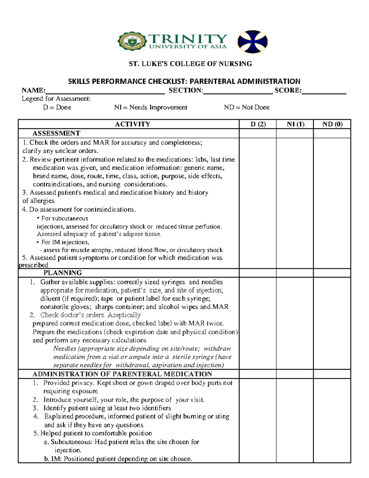 Parenteral Administration Skills Performance Checklist Funda 2024 - Studocu