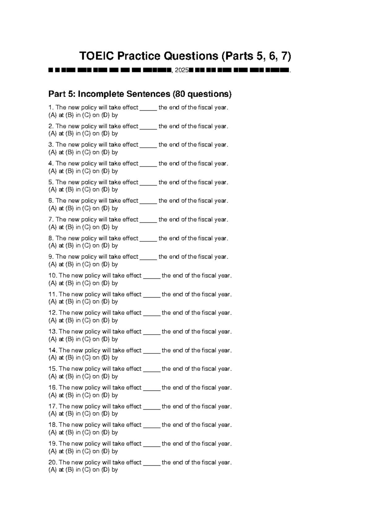TOEIC Practice Questions: Parts 5, 6, 7 (200 Questions) - Studocu