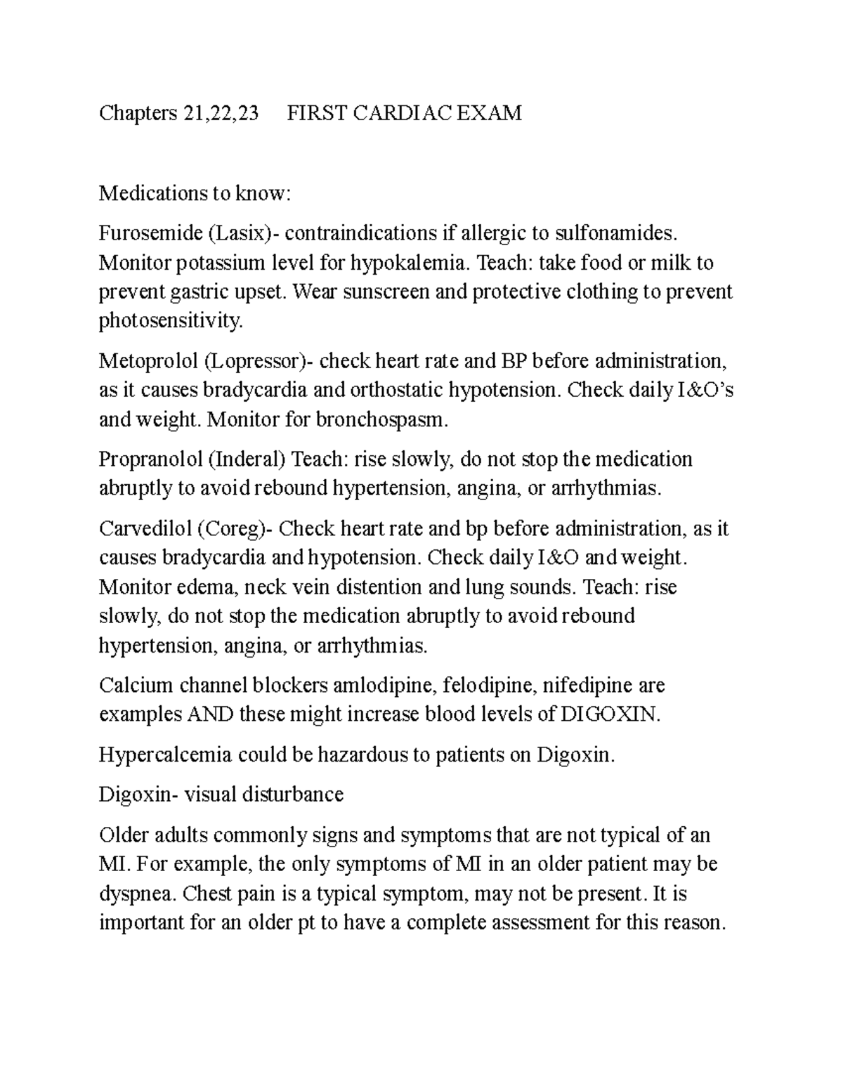 Cardiac Exam Review: Chapters 21-23 Medications & Nursing ...
