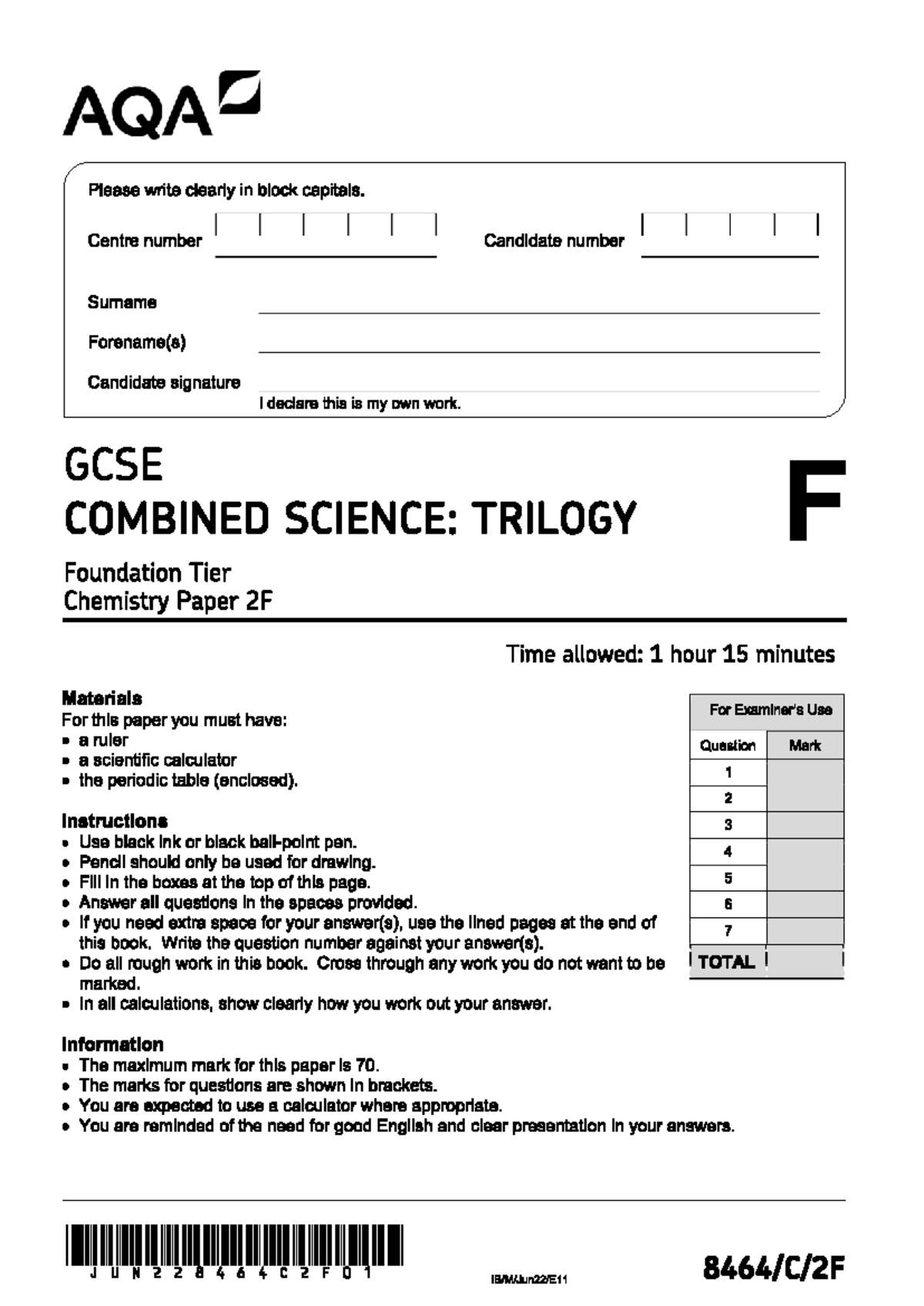 AQA GCSE Combined Science Trilogy C2 (F) Paper 2F Exam Questions - Studocu