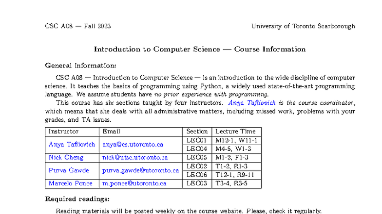CSC A08 Fall 2023 Course Info: Intro to Computer Science at UTSC - Studocu