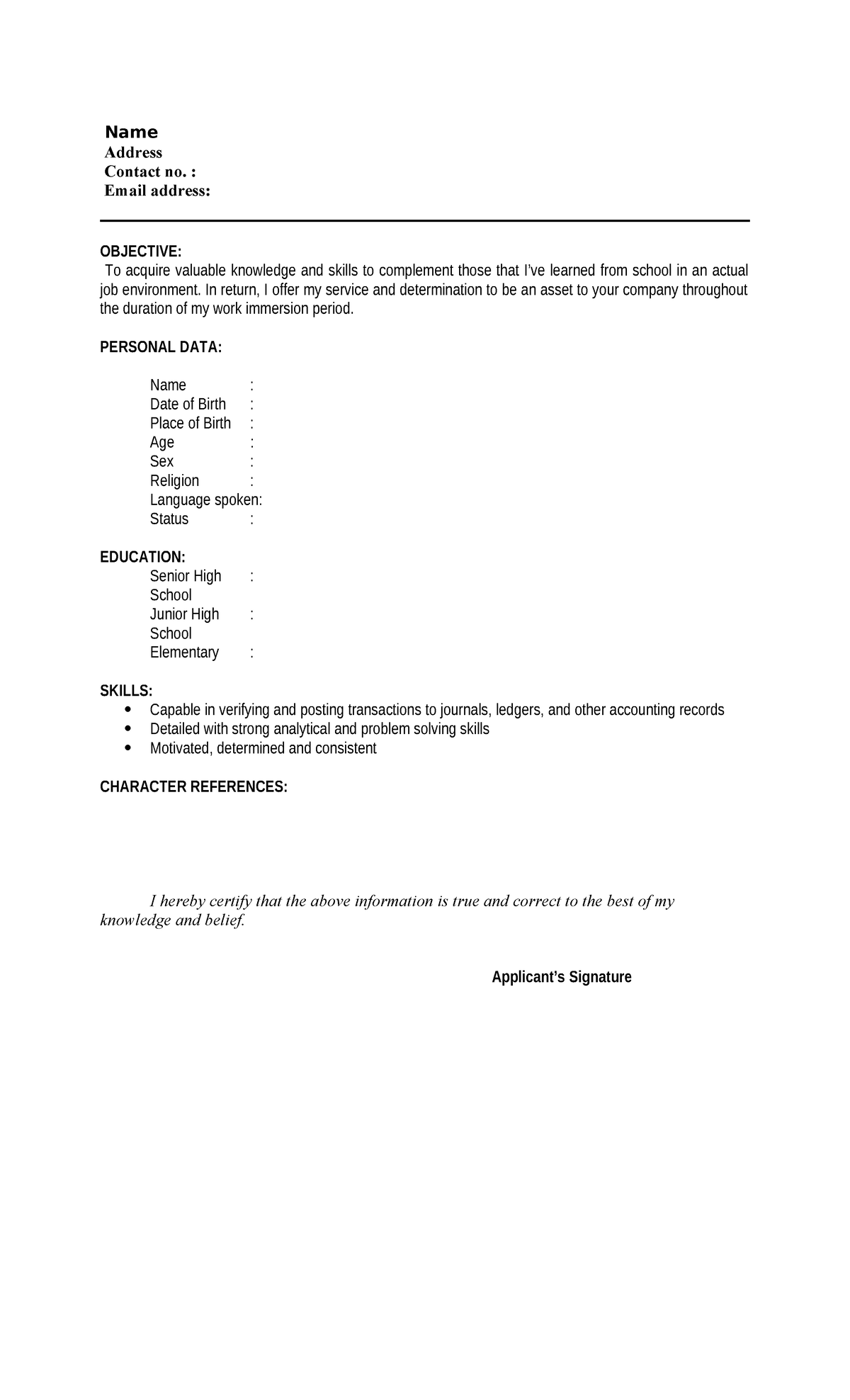 Work Immersion Resume Sample for Practical Job Experience - Studocu