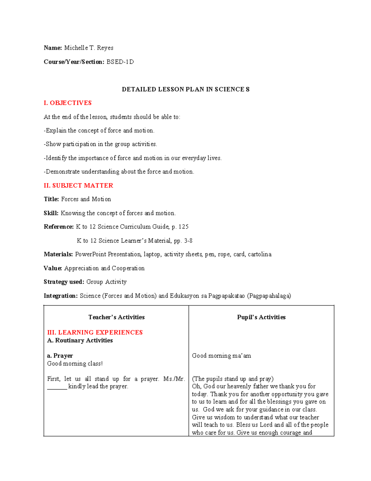 521071401 detailed lesson plan about force and motion - Name: Michelle ...