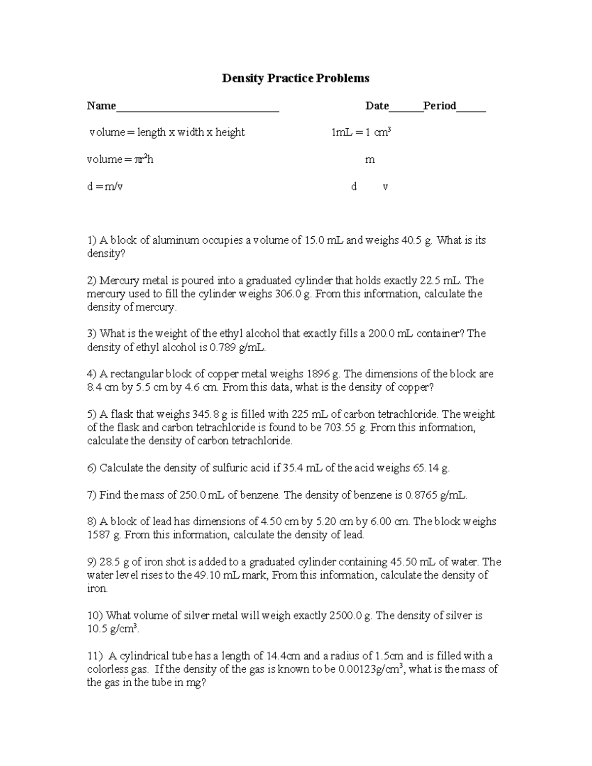 Density Practice Problems (PHYS 101) - Studocu