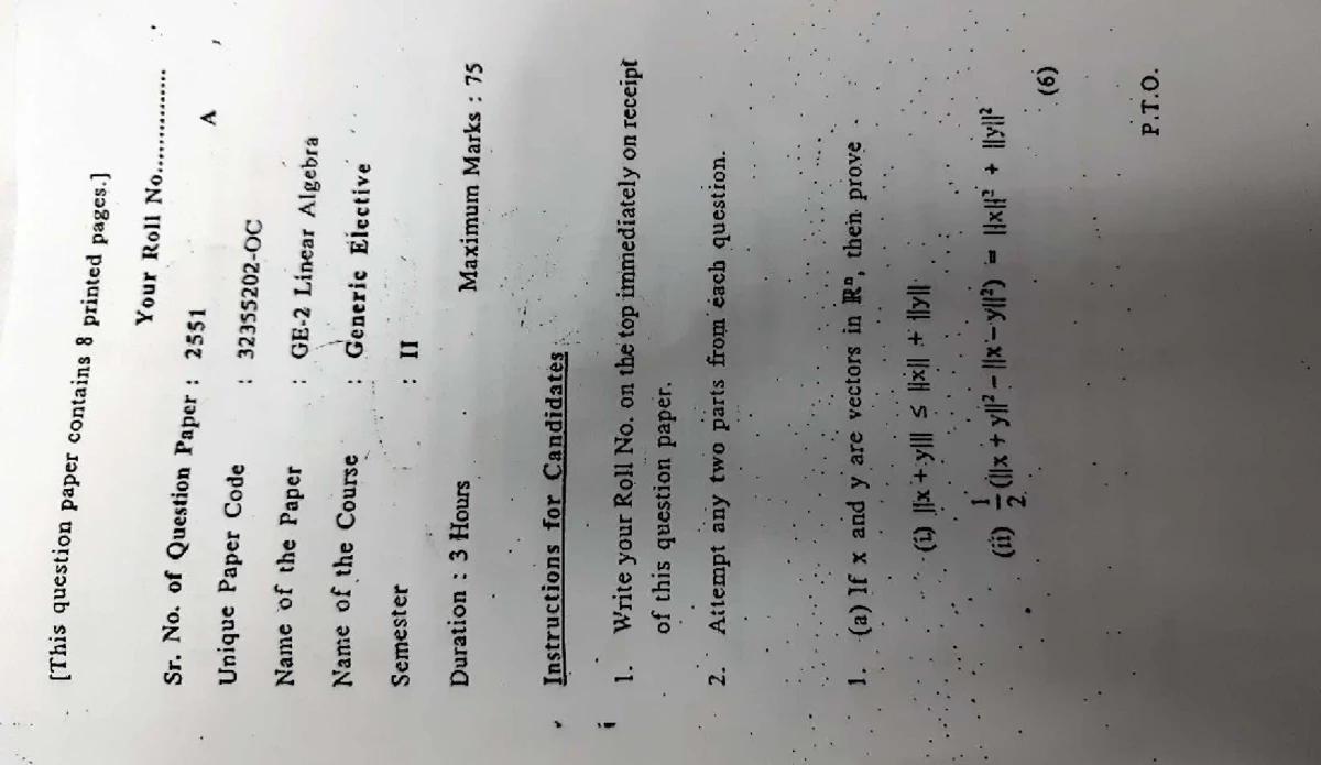 1047 Generic Elective Mathematics II: Linear Algebra PYQ6 Exam Paper ...