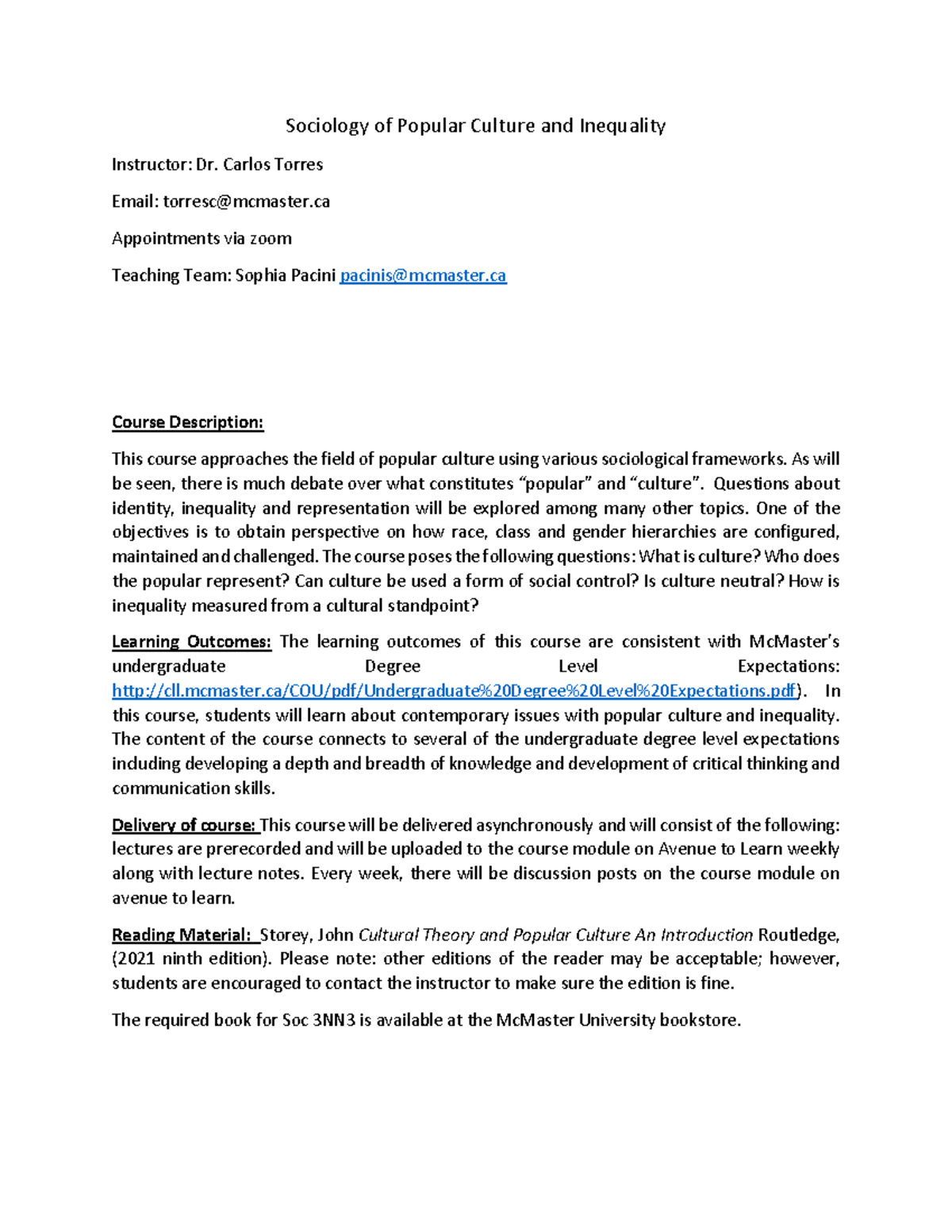 Sociol 3NN3 Course Outline: Popular Culture & Inequality Overview - Studocu