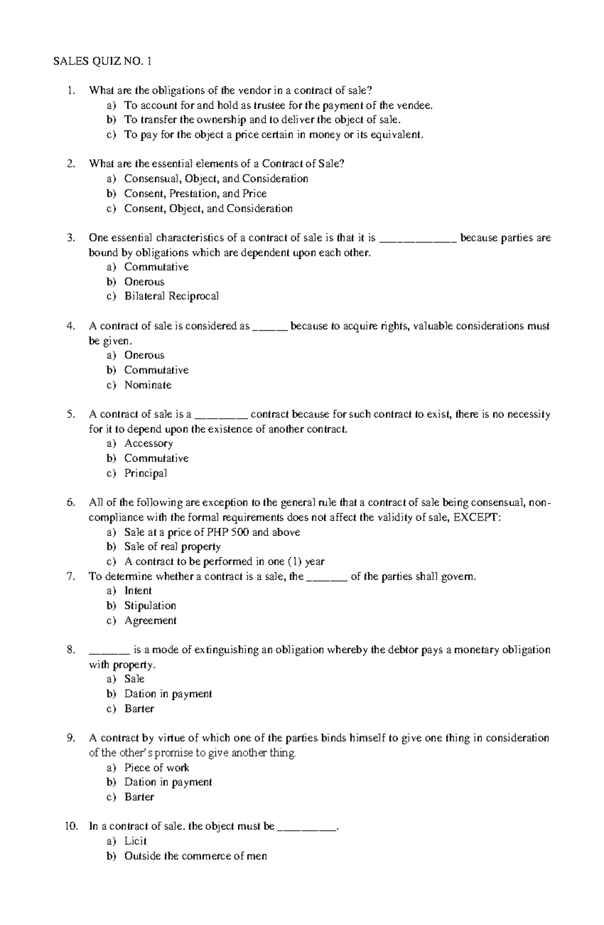 SALES QUIZ NO 1 - Key Concepts and Essential Elements - Studocu