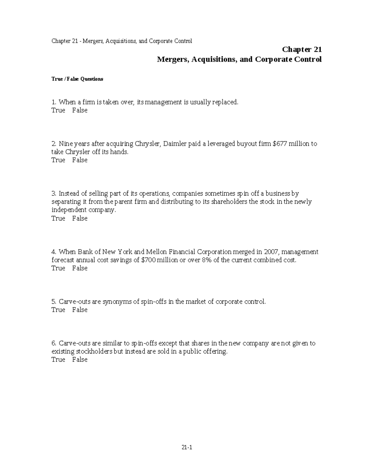 Chapter 21 Test Bank - Mergers, Acquisitions, and Corporate Control ...