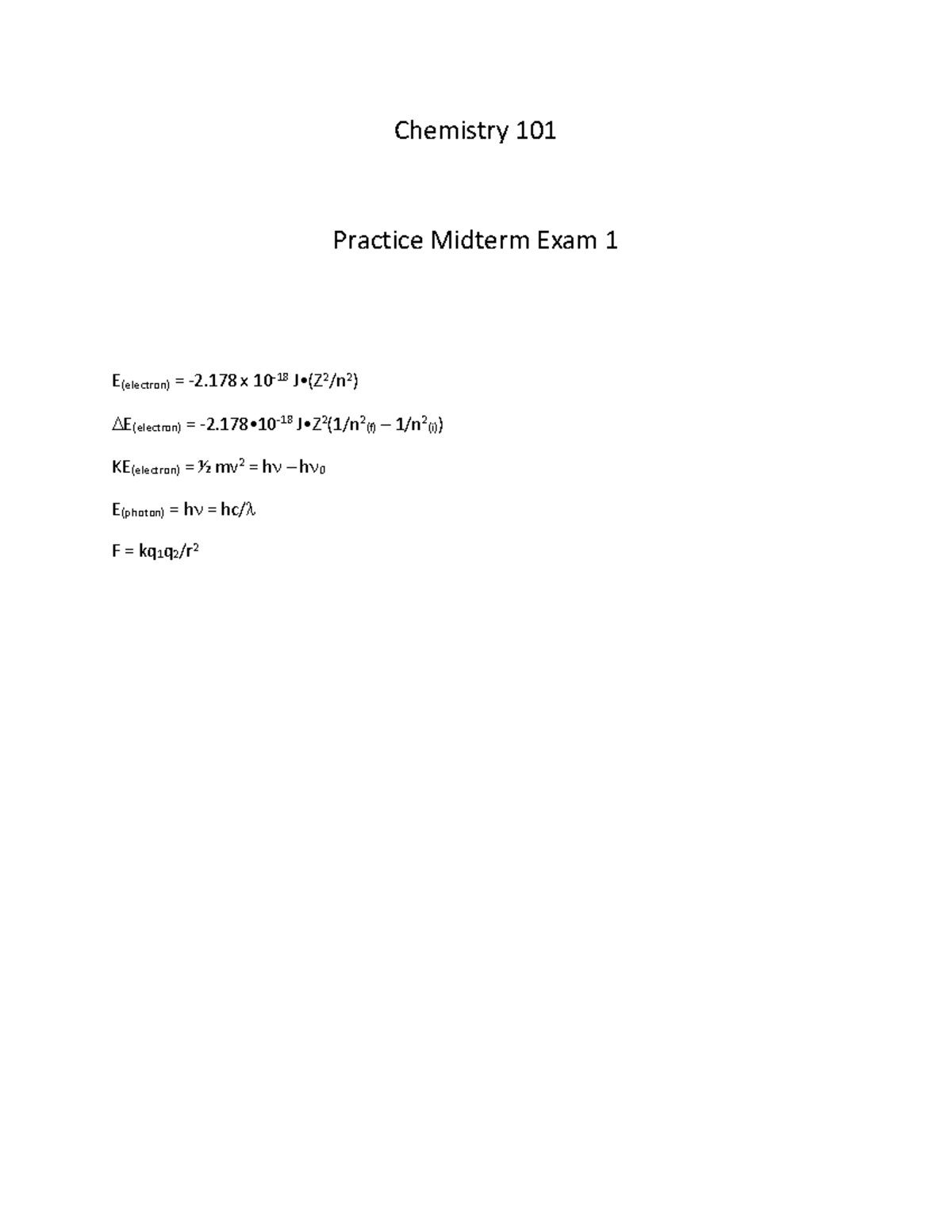 101 practice midterm 1 - Chemistry 101 Practice Midterm Exam 1 E ...