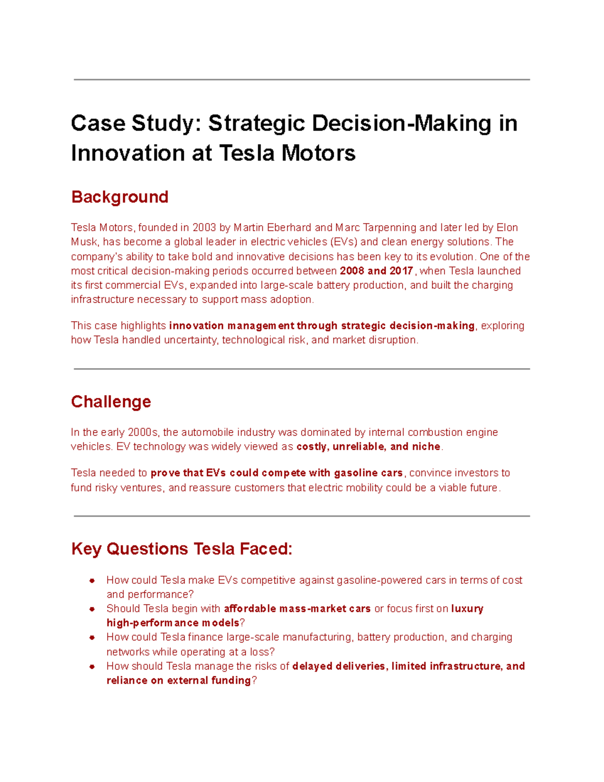 Case Study: Strategic Innovation Management at Tesla Motors (ES24 ...