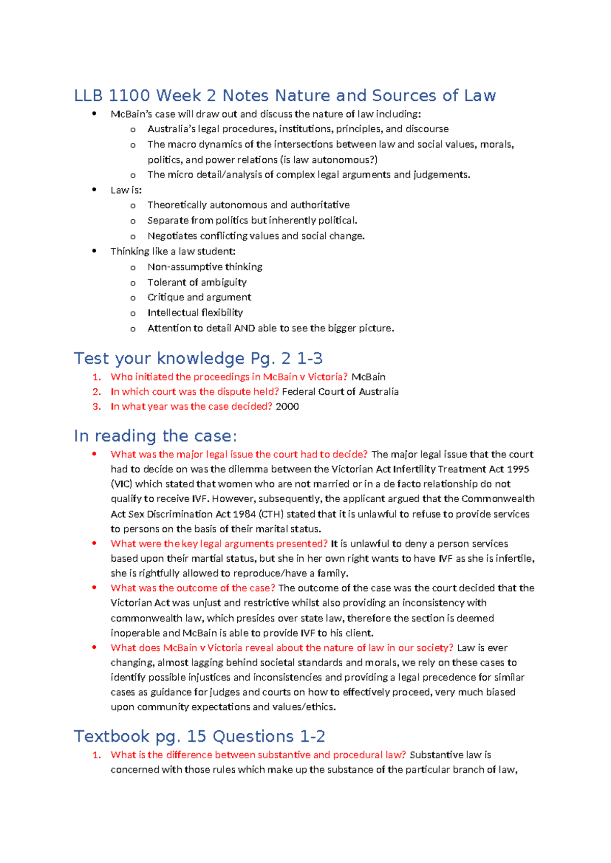 LLB 1100 Week 2 Notes: Nature & Sources of Law Analysis - Studocu