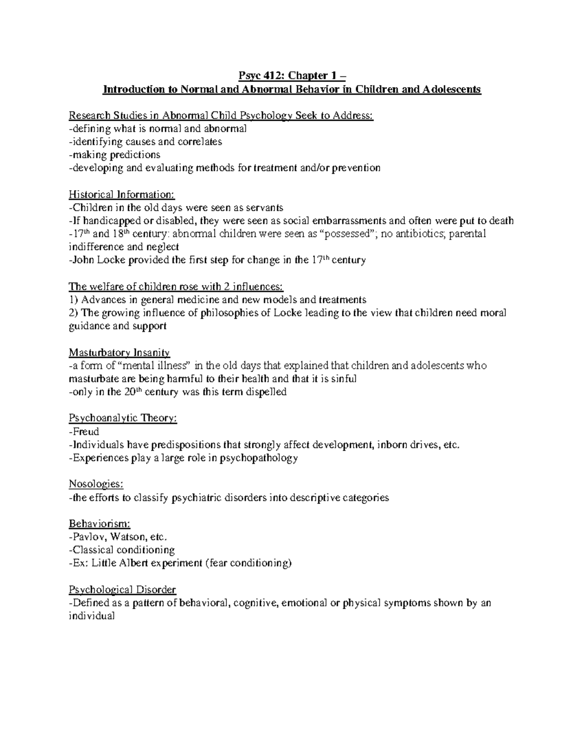 Summary Abnormal Child Psychology - chapters 1-4 - Psyc 412: Chapter 1 ...