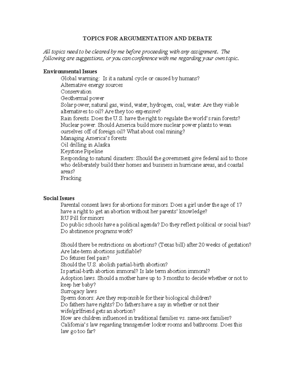 Topics FOR Argumentation AND Debate - TOPICS FOR ARGUMENTATION AND ...