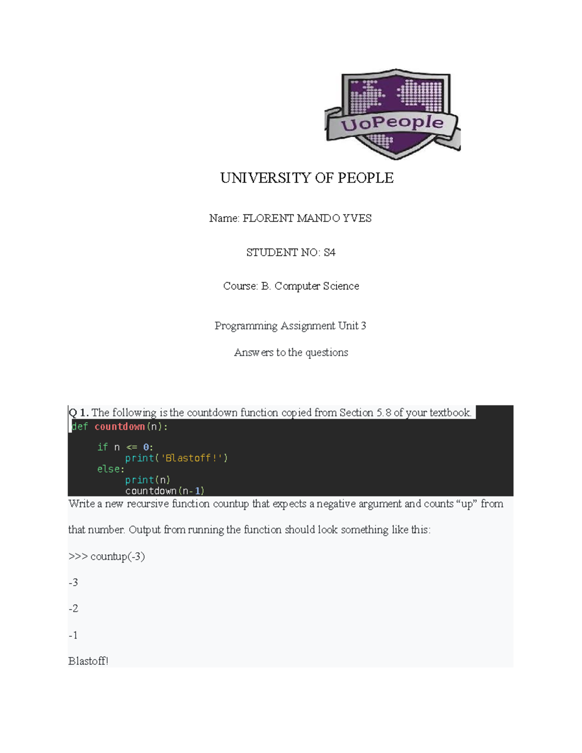 Assignment of Programing fundamentals unit 3 - UNIVERSITY OF PEOPLE ...