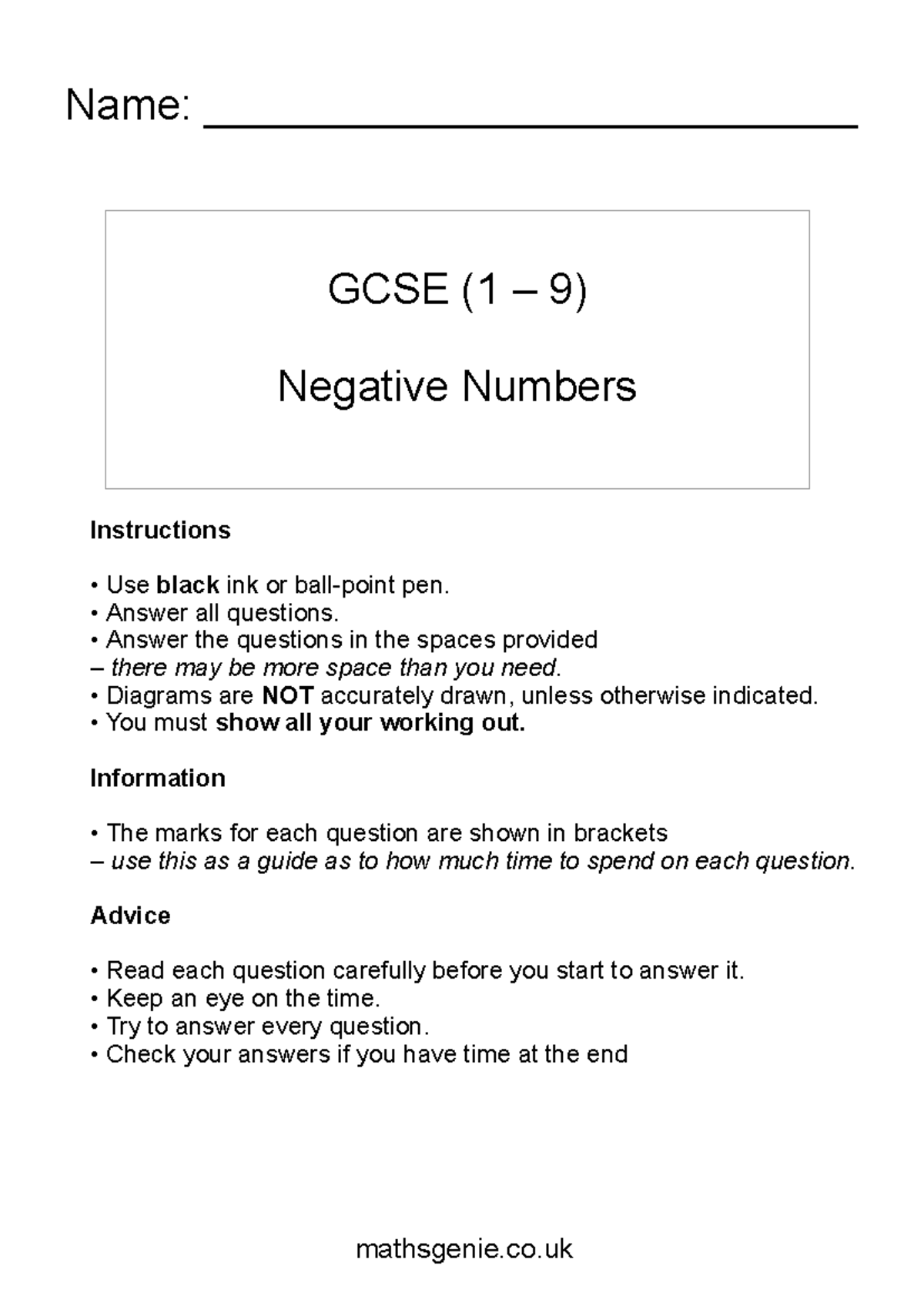 GCSE (1 9) Negative Numbers Practice Questions and Instructions - Studocu