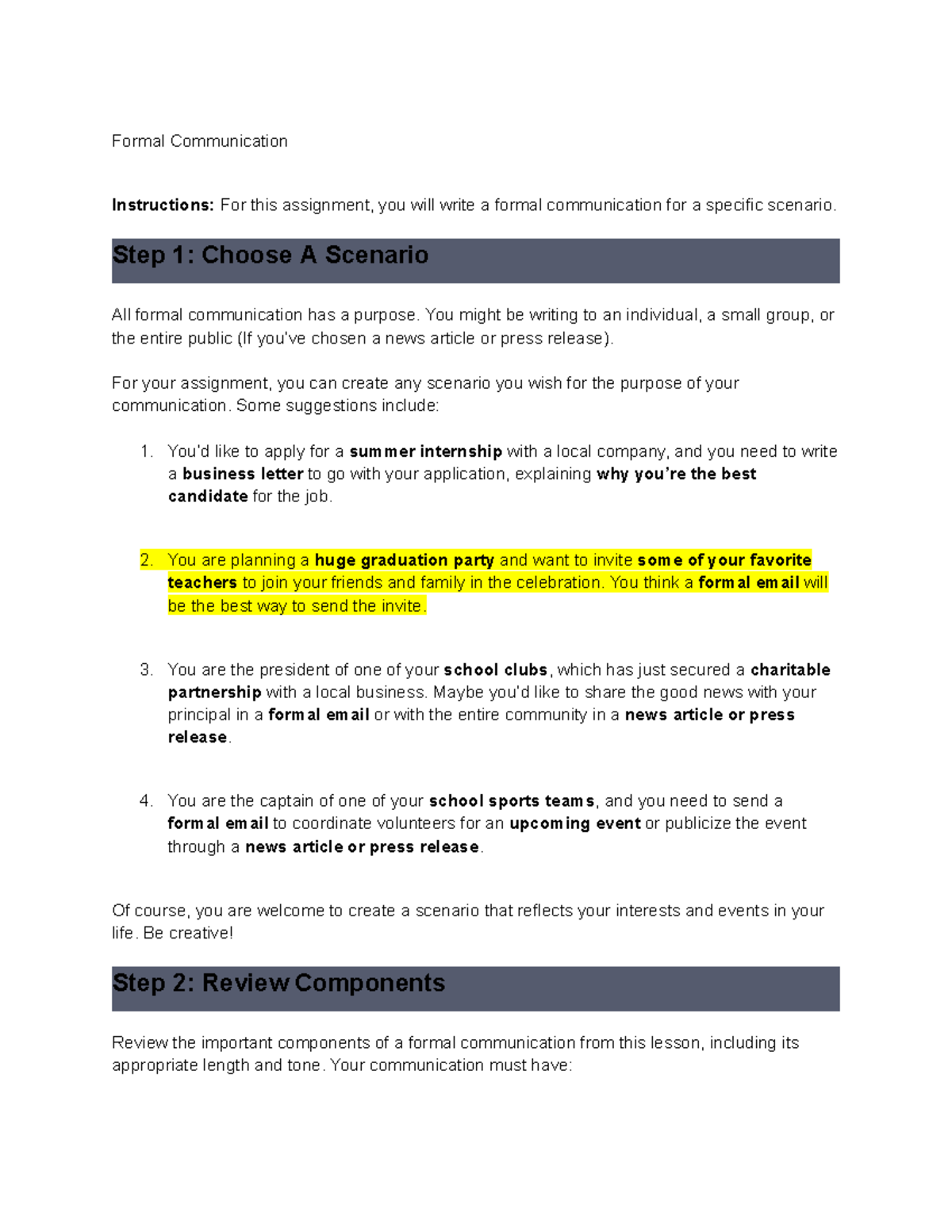 Formal Communication Assignment: Crafting Scenarios and Details - Studocu