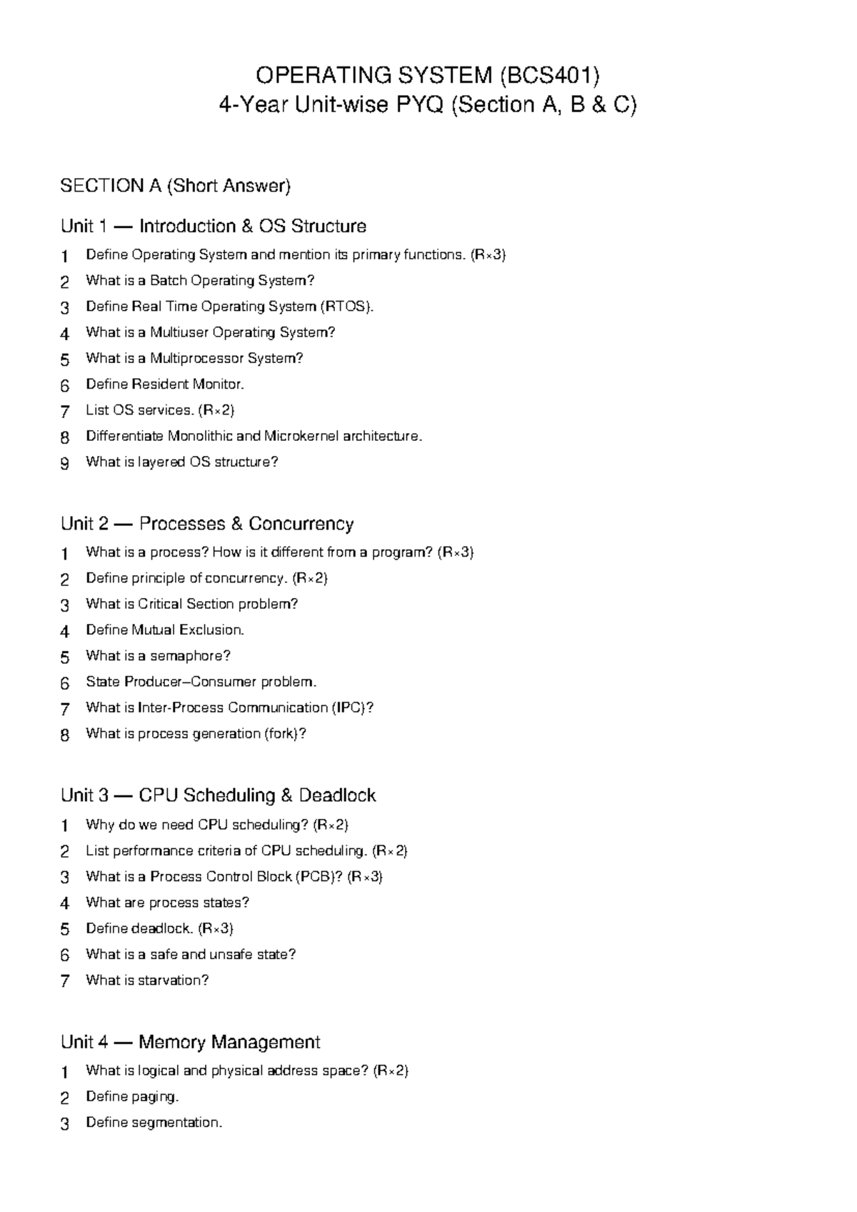 Operating System (BCS401) 4-Year Unit Wise PYQ Analysis - Studocu