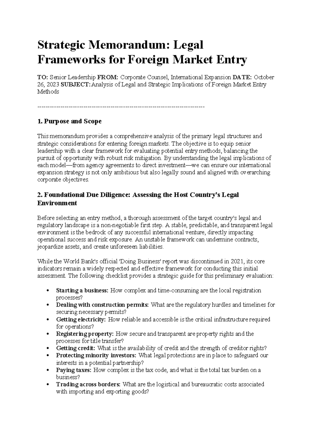 IBUS 493: Strategic Memo on Legal Frameworks for Foreign Market Entry ...