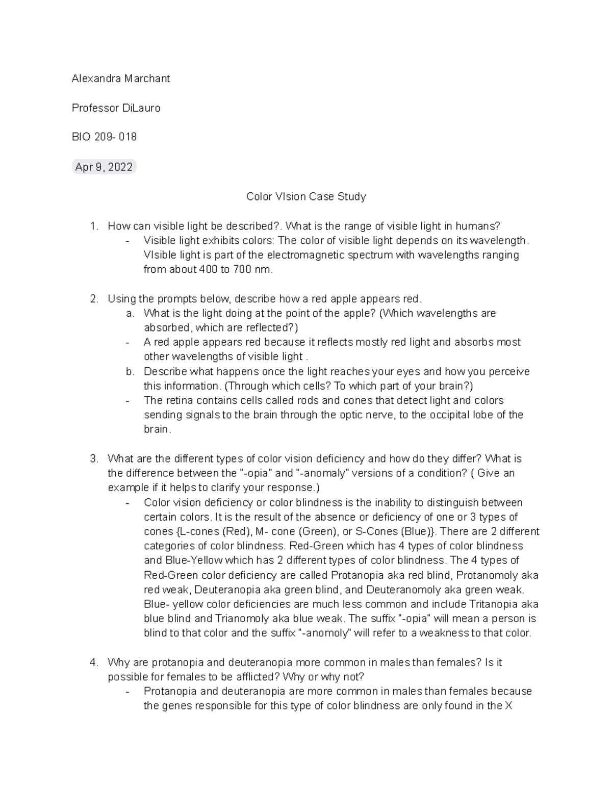 BIO 209-018 Color Vision Case Study and Analysis of Deficiencies - Studocu