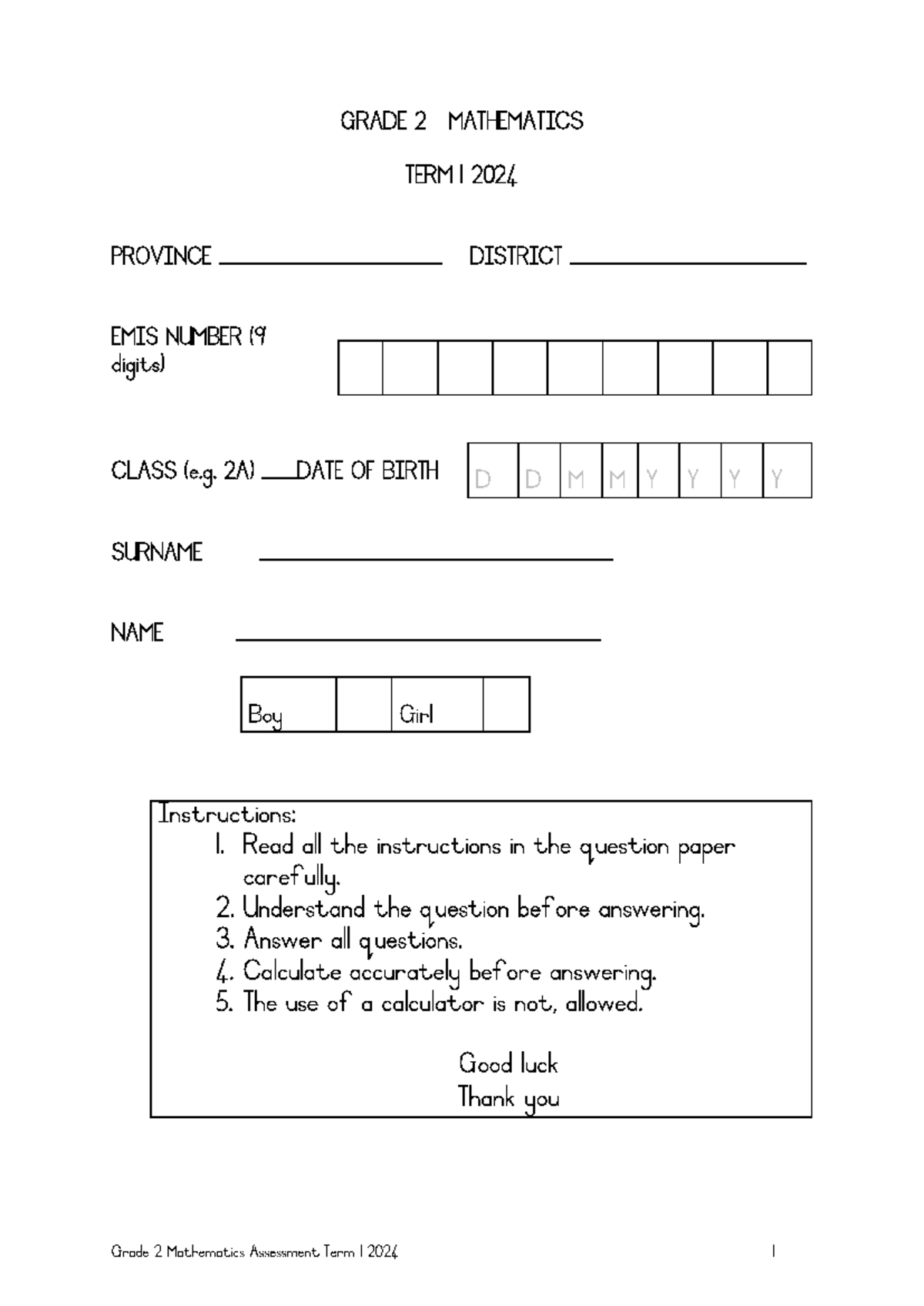 Grade 2 Mathematics Assessment Term 1 2024 - Studocu