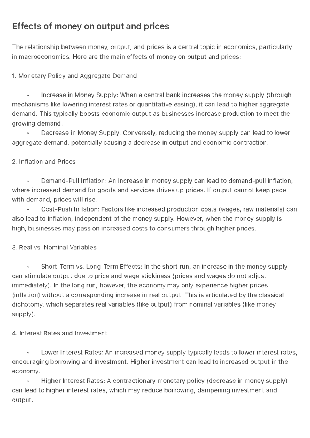ECON 101: Effects of Money Supply on Output & Prices Analysis - Studocu