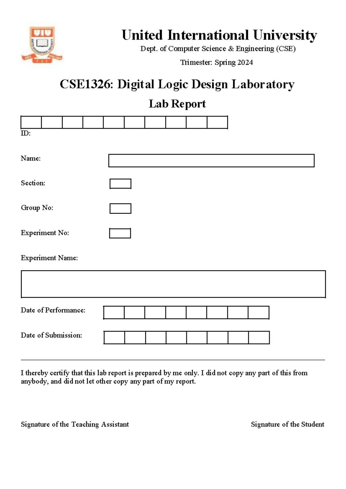 Lab Report Cover Page - United International University Dept. of ...