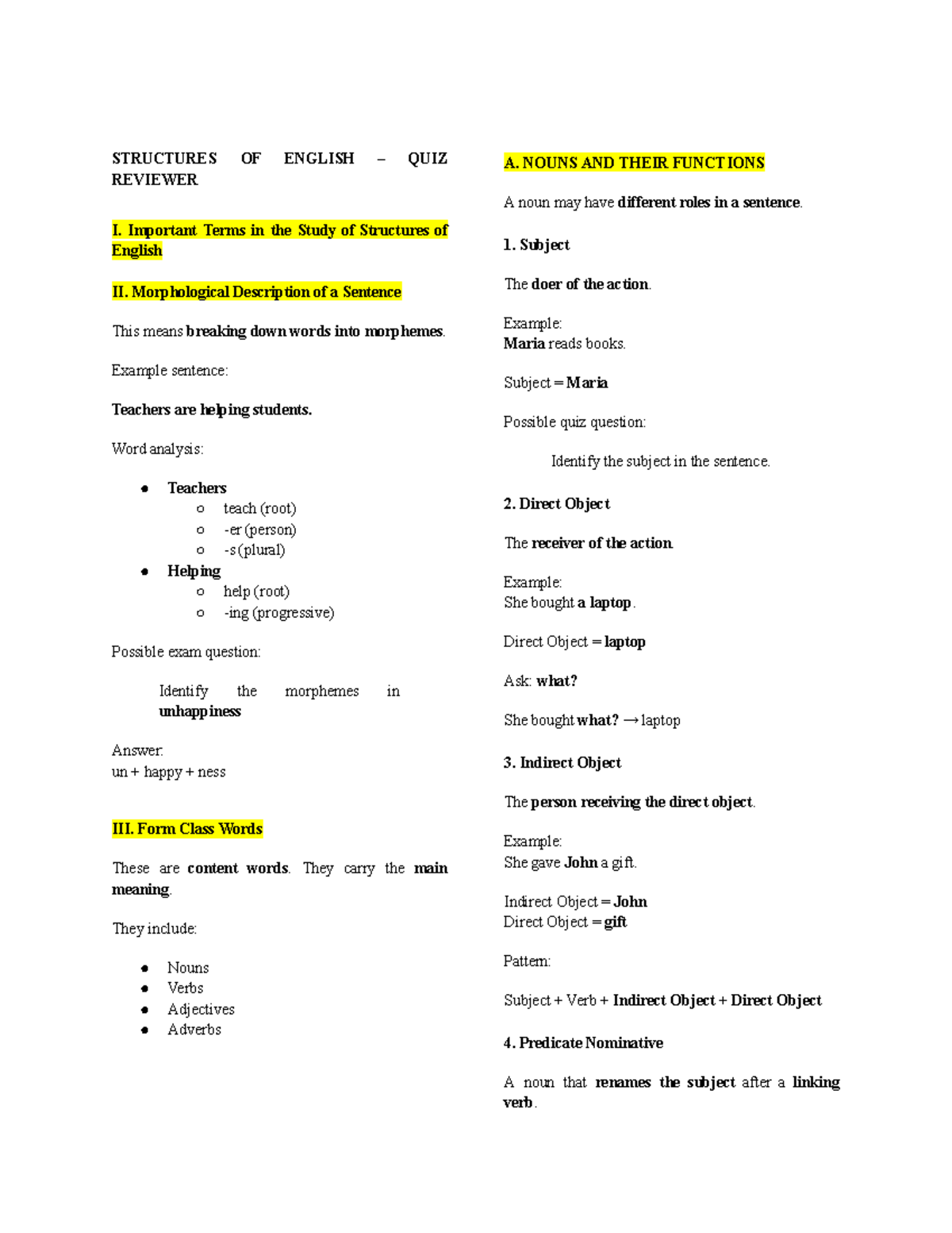 SOE 2nd Sem Quiz I: Structures of English Review Notes - Studocu