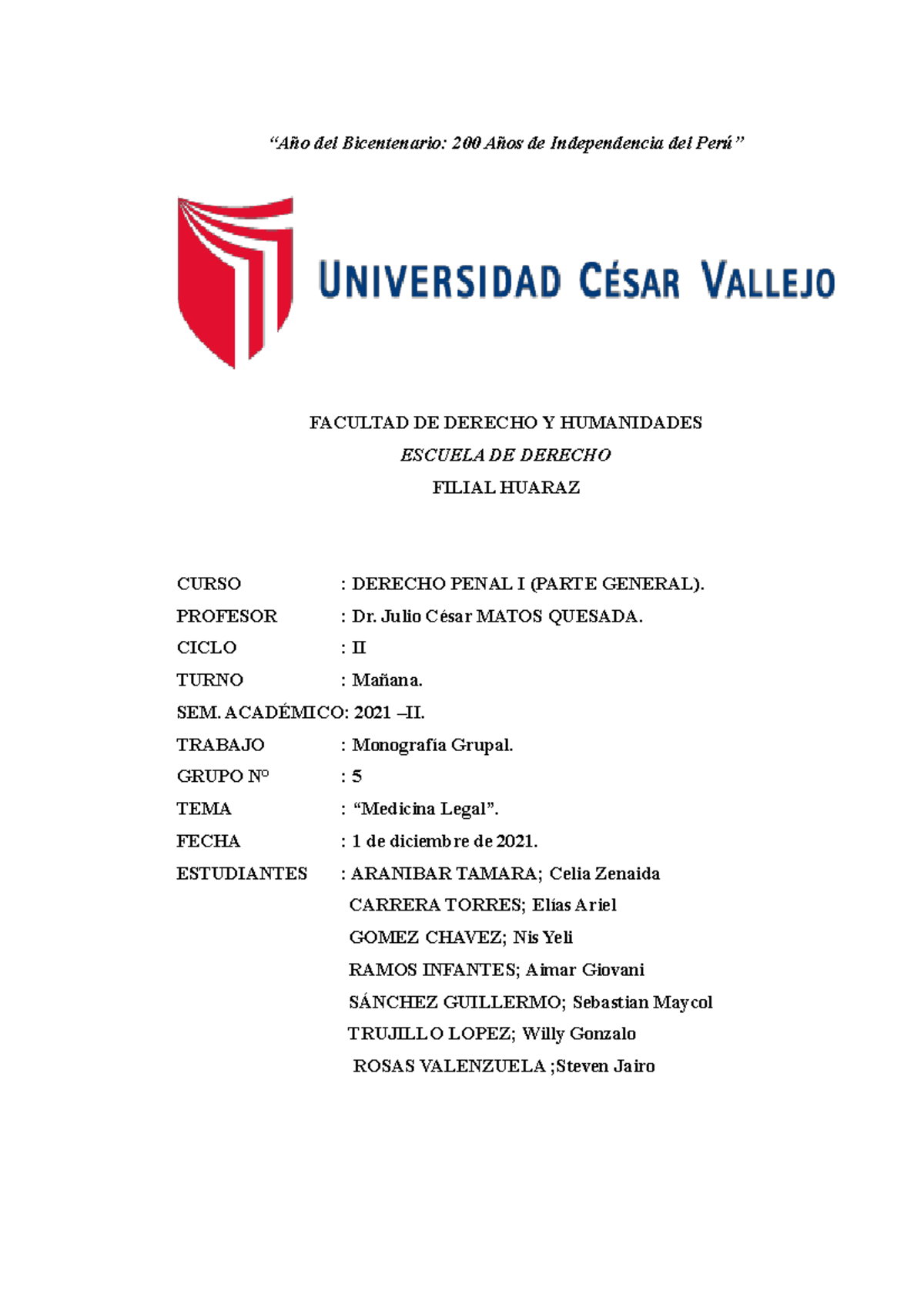 Monografía de Medicina Legal - Derecho Penal I - Grupo 5 - Document Preview