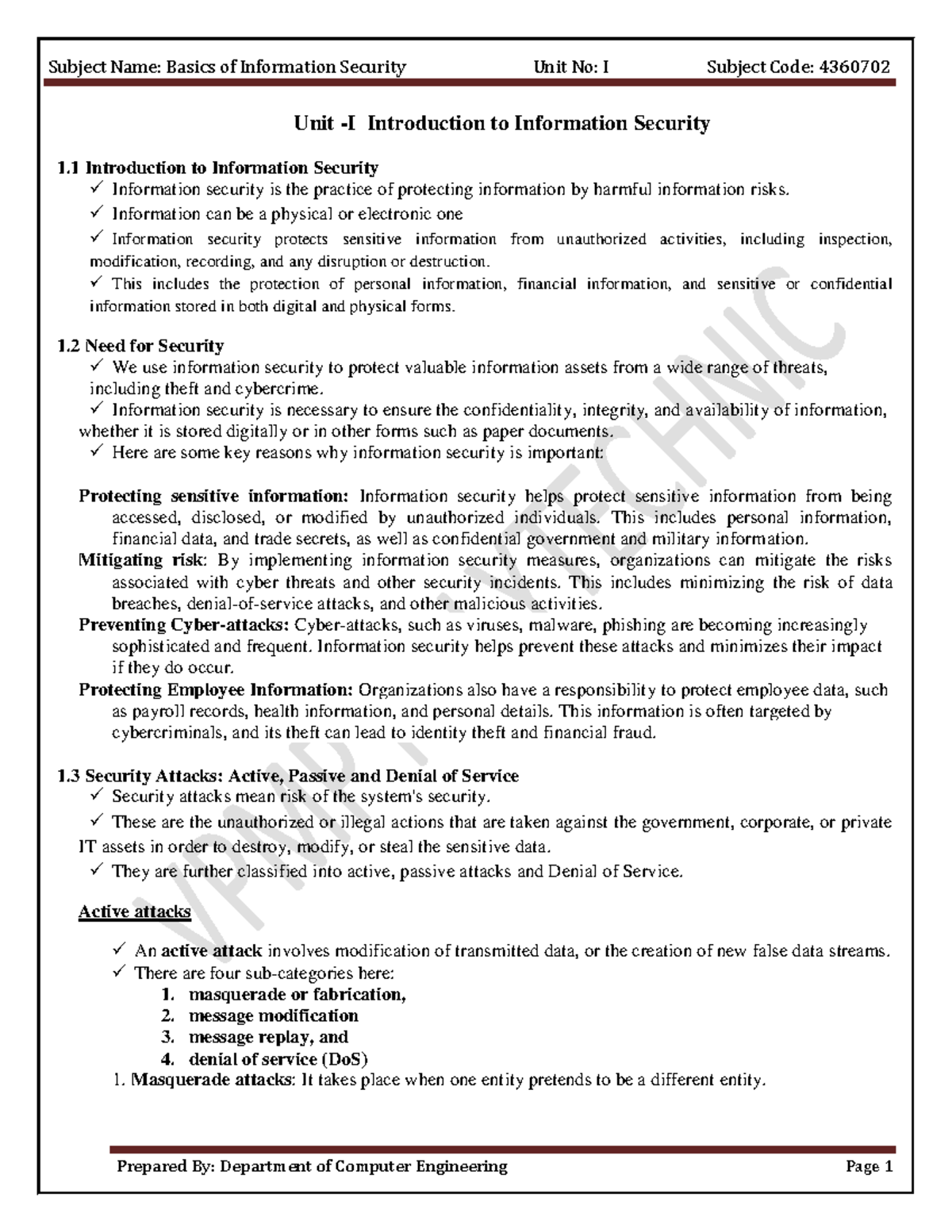 Unit 1: Introduction to Information Security (4360702) - Key Concepts ...
