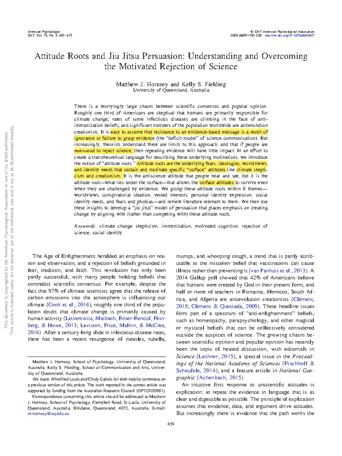 Lecture 16: Attitude Roots in Science Rejection - Hornsey & Fielding ...