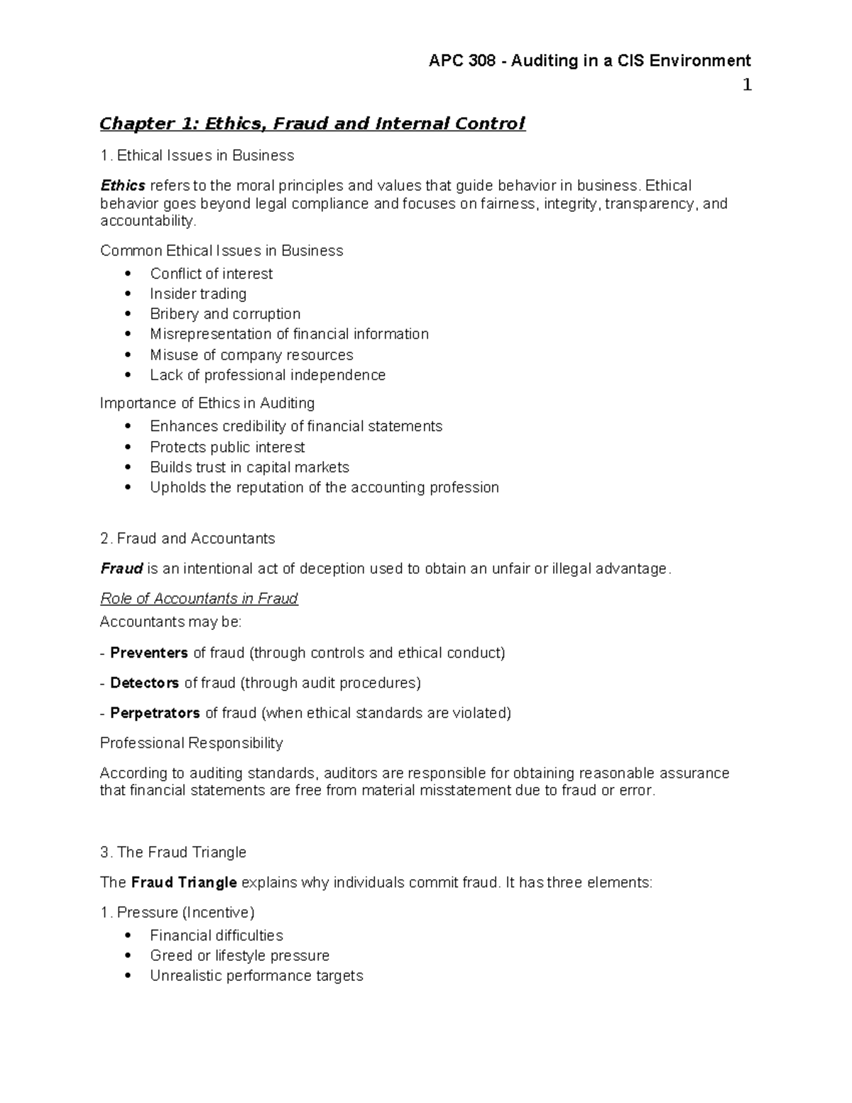 APC 308 Auditing in a CIS Environment: Chapter 1 - Ethics, Fraud ...