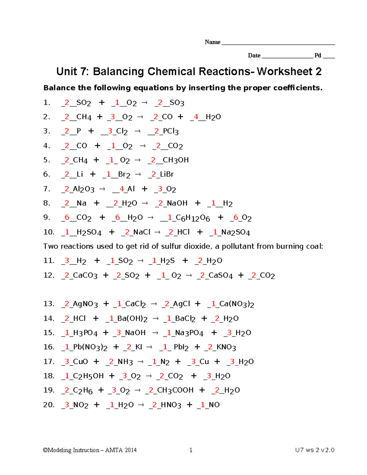 Unit 7: Balancing Chemical Equations Worksheet 2 Key Notes - Studocu