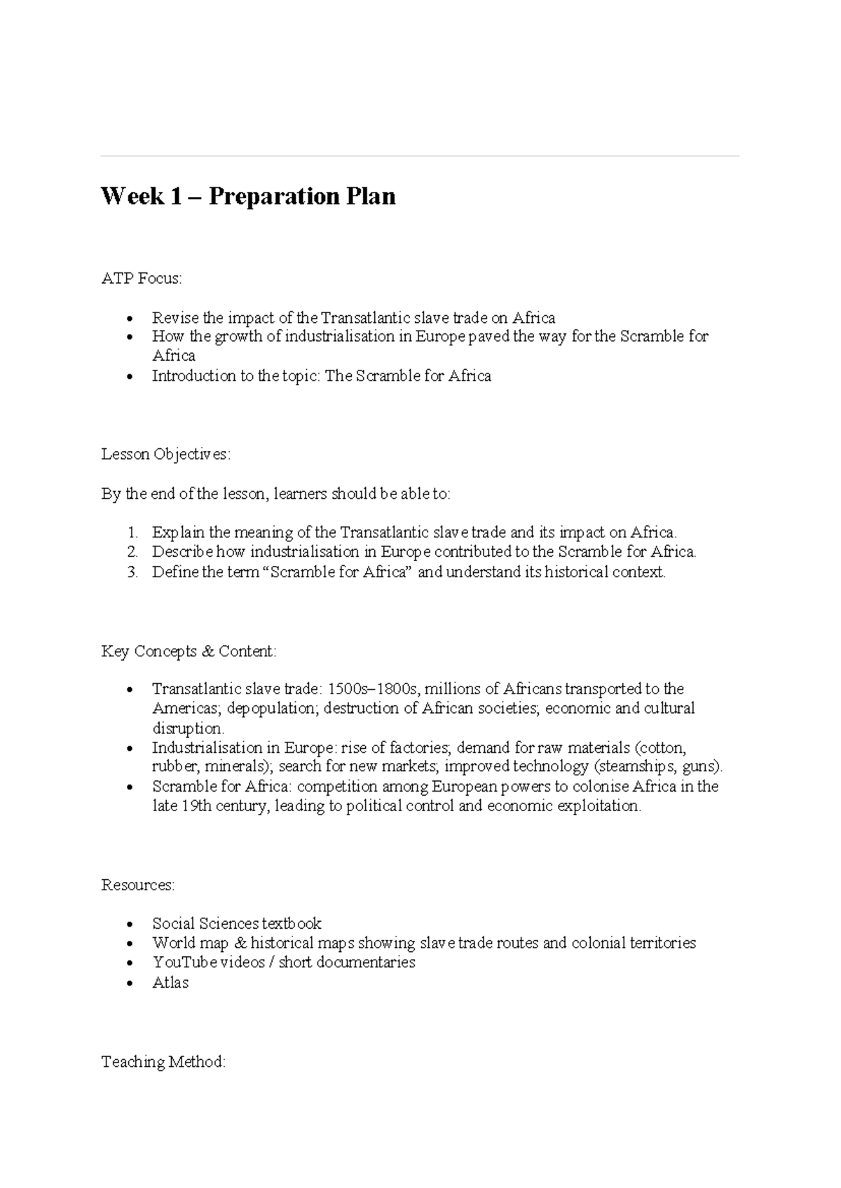 Week 1-6 Preparation Plans for Grade 8 History: The Scramble for Africa ...