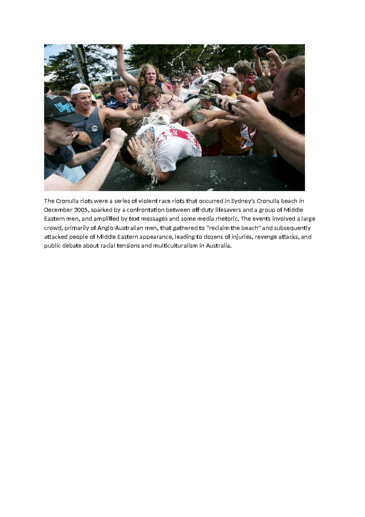 The Cronulla riots were a series of violent race riots that occurred in ...