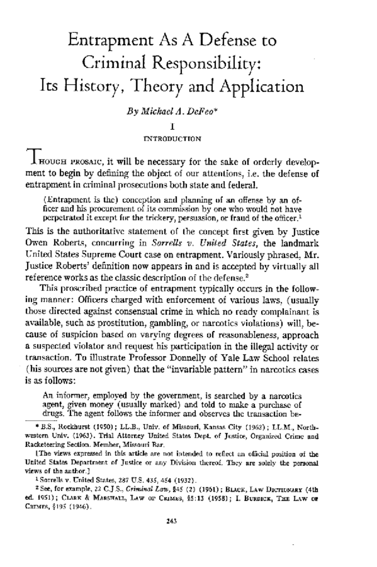 Entrapment as a Defense to Criminal Responsibility: History & Theory ...
