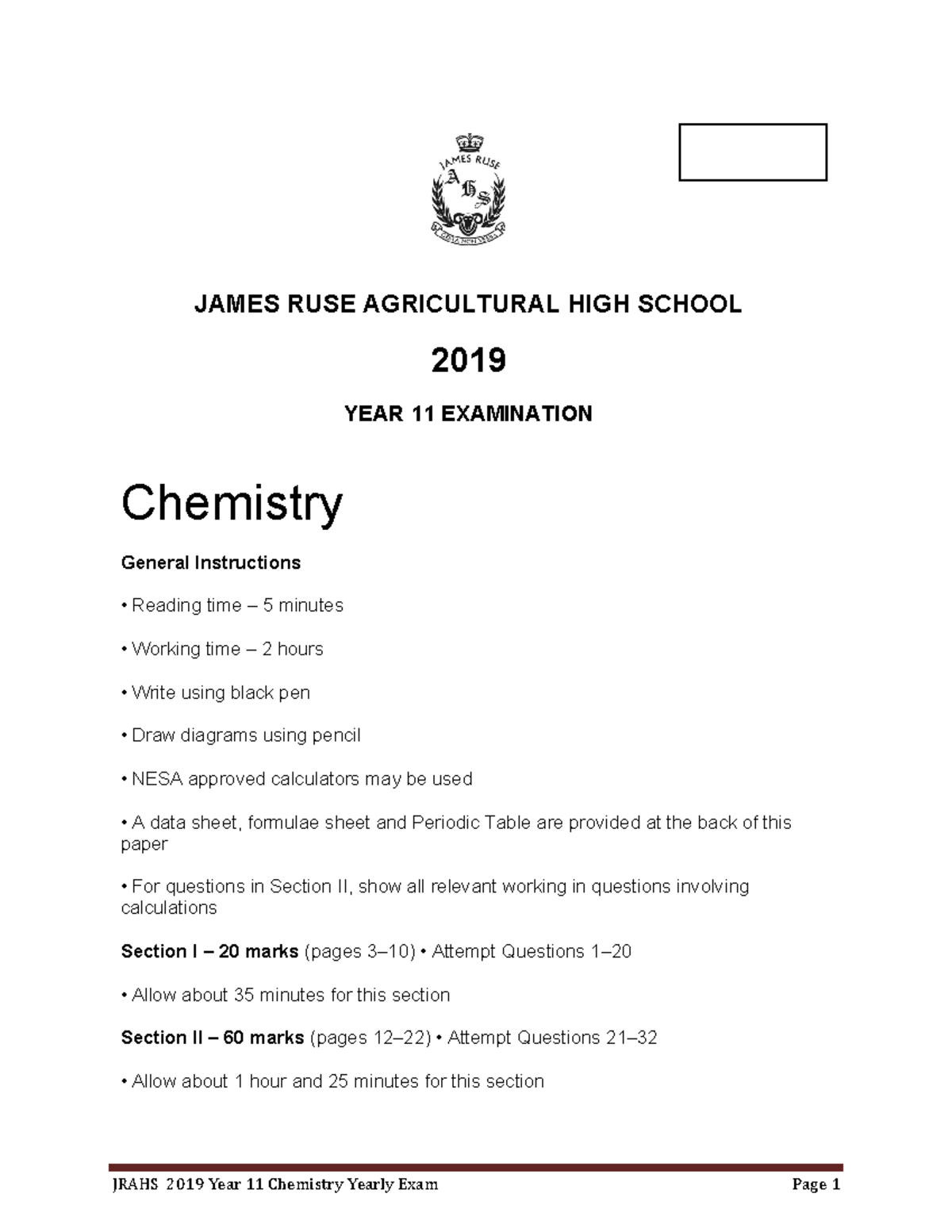 JRAHS 2019 Year 11 Chemistry Yearly Exam Paper - Studocu