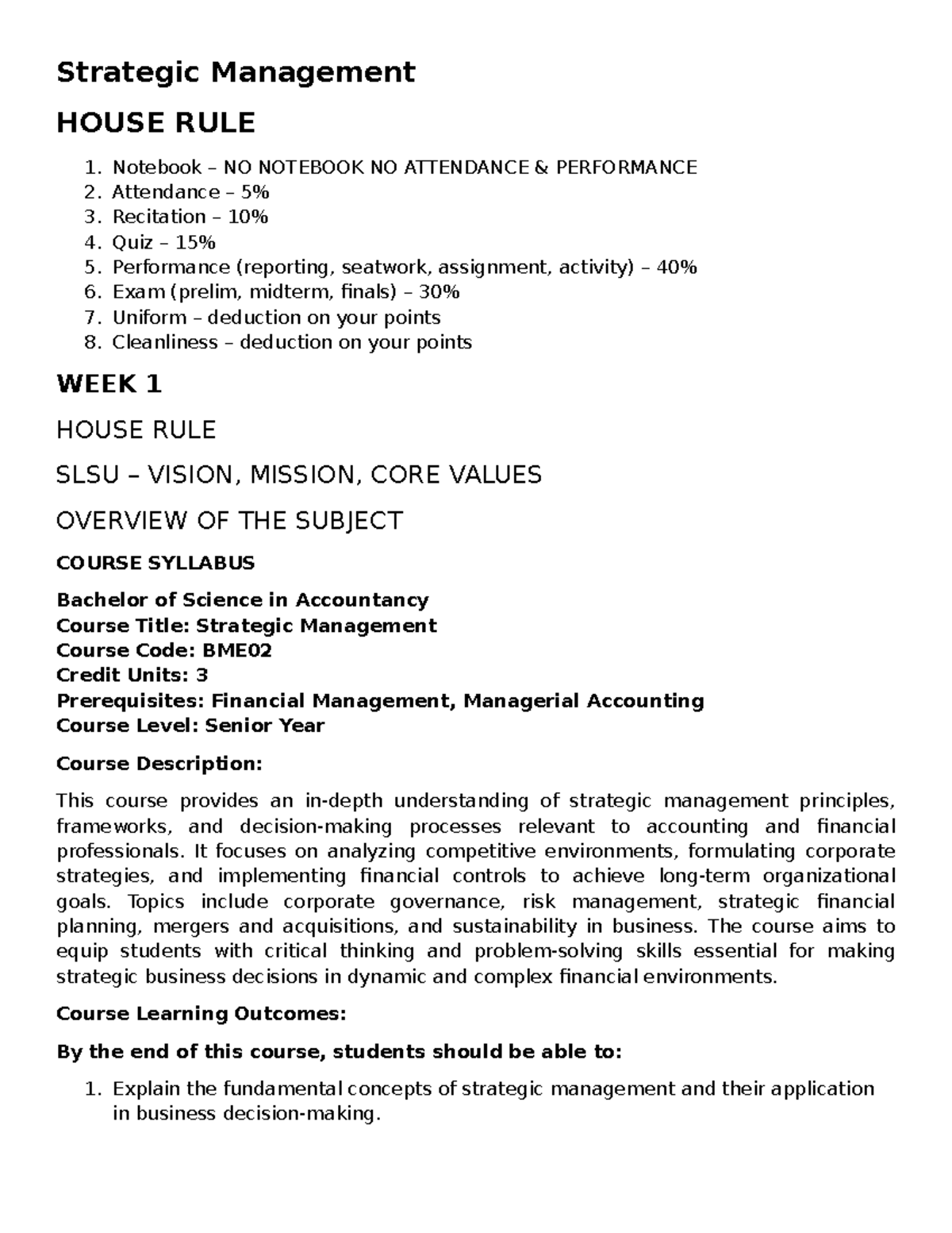 Strategic Management Course Overview and Guidelines (BME02) - Studocu