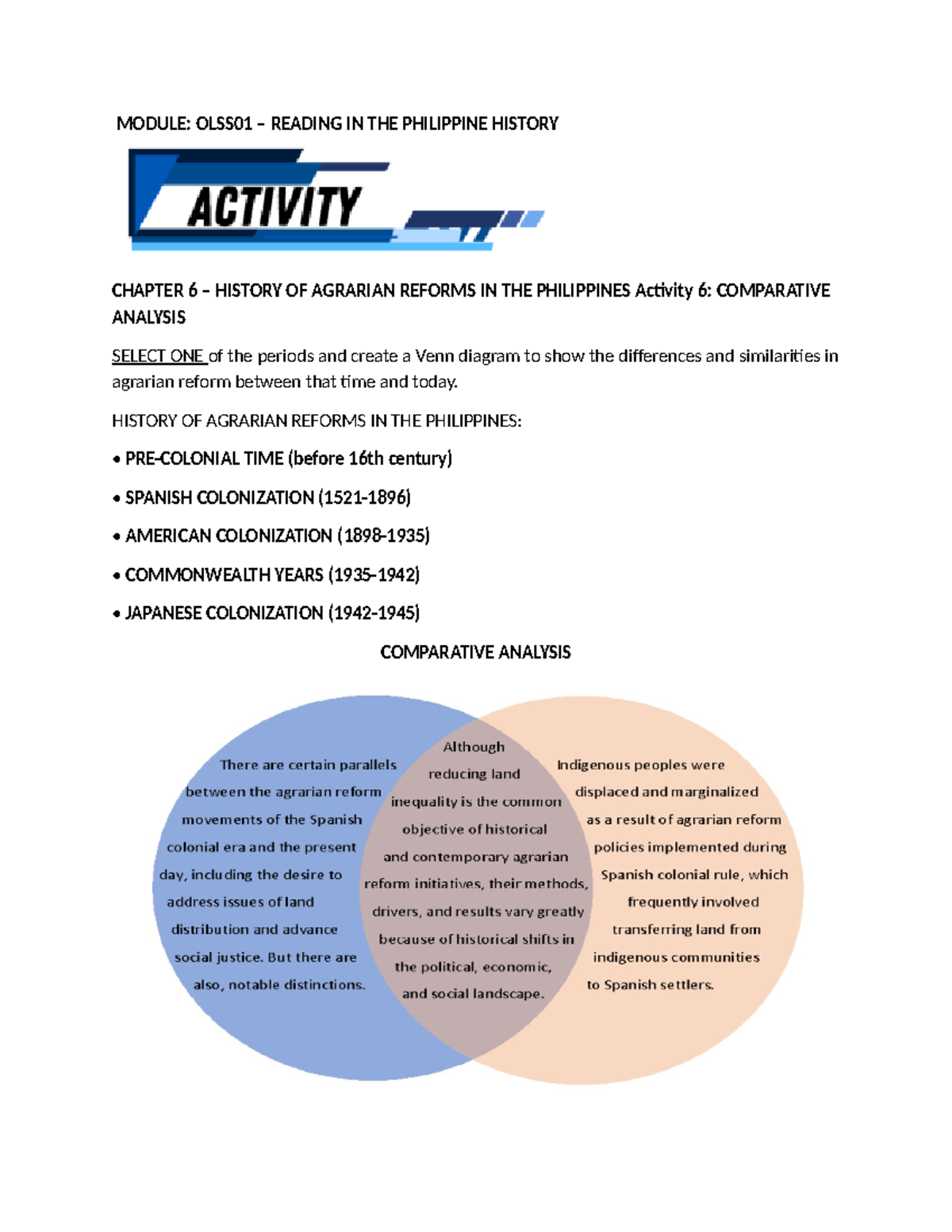 Activity 6 HistorY - MODULE: OLSS01 – READING IN THE PHILIPPINE HISTORY ...