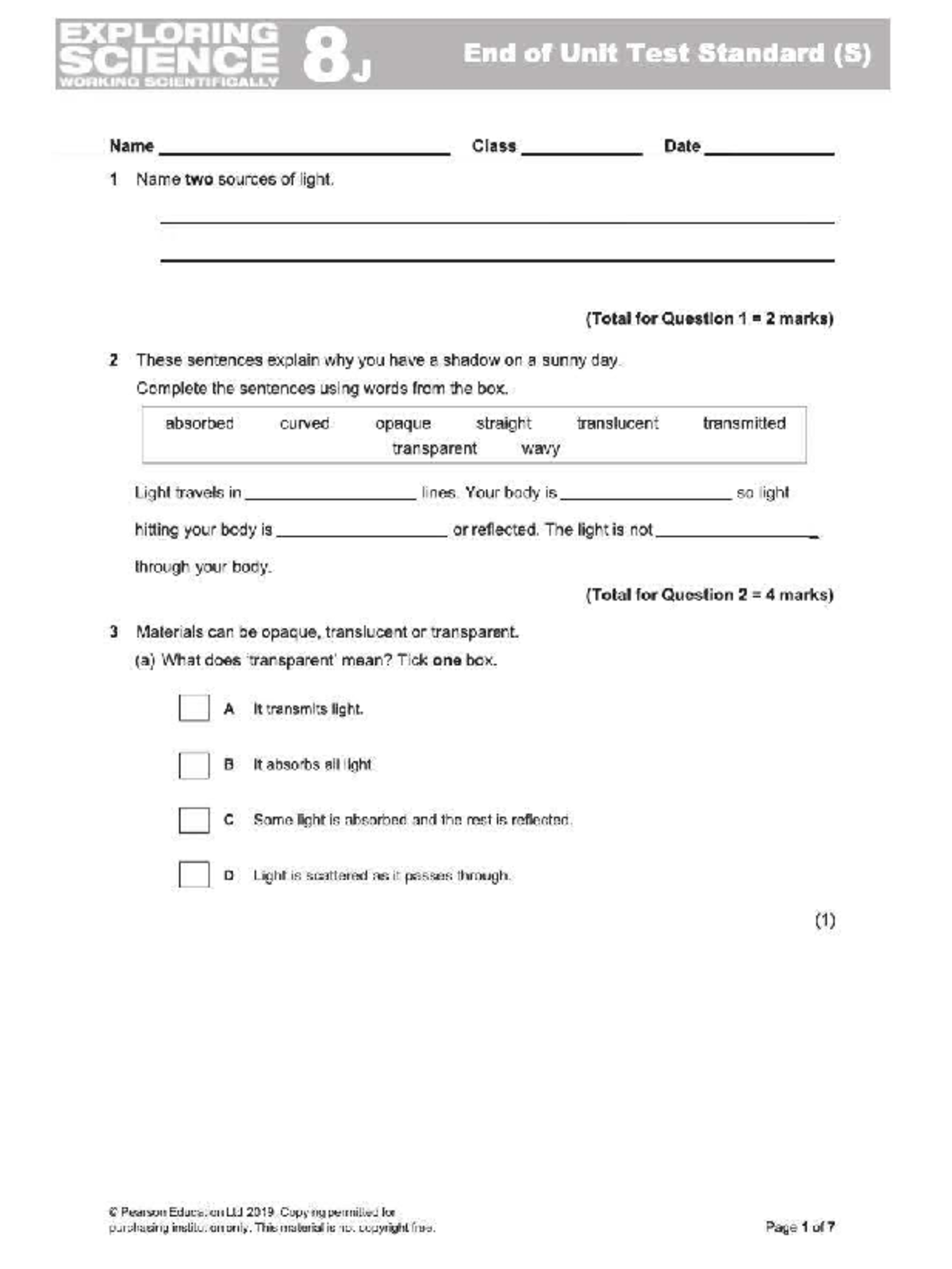 8J End of Unit Test: Understanding Light and Vision Concepts - Studocu
