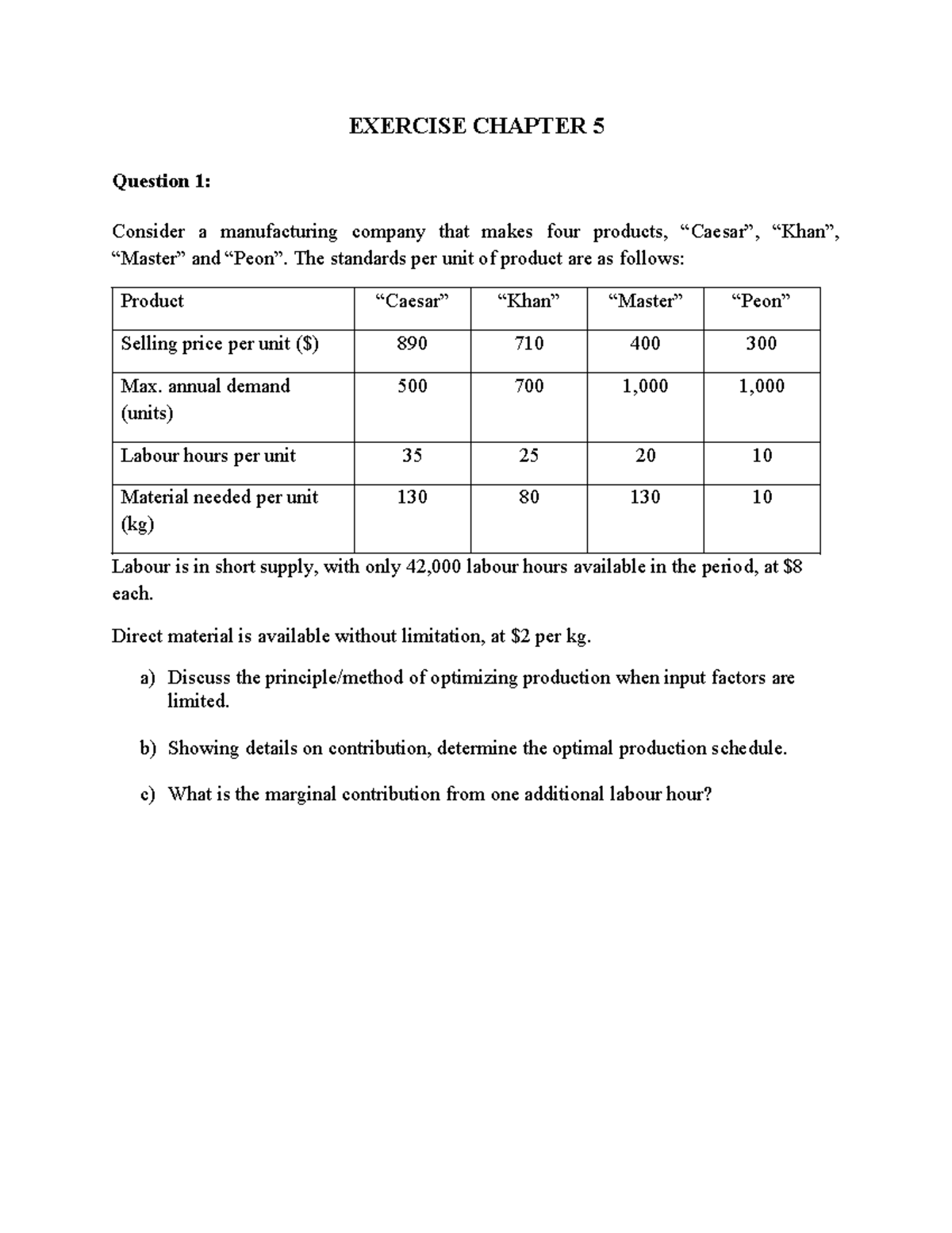 Math Exercise Chapter 5: Optimizing Production under Constraints - Studocu