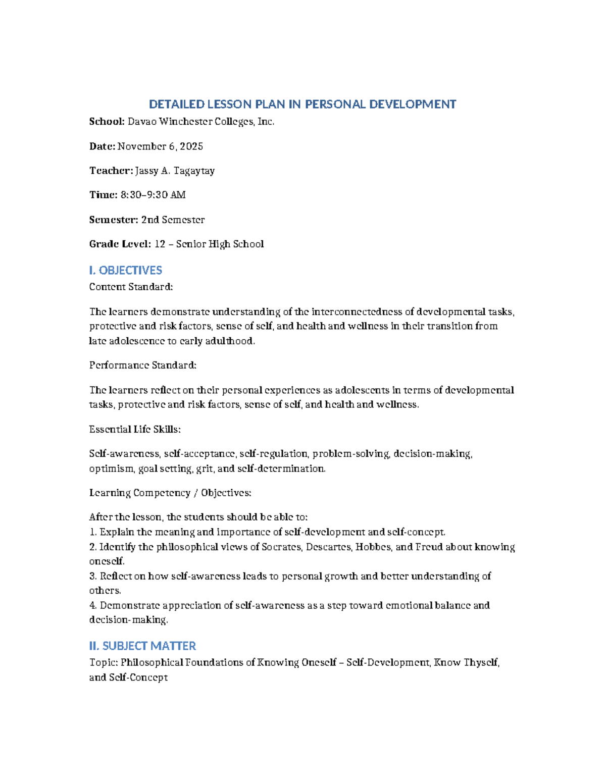 Detailed Lesson Plan: Personal Development (Grade 12) - Studocu