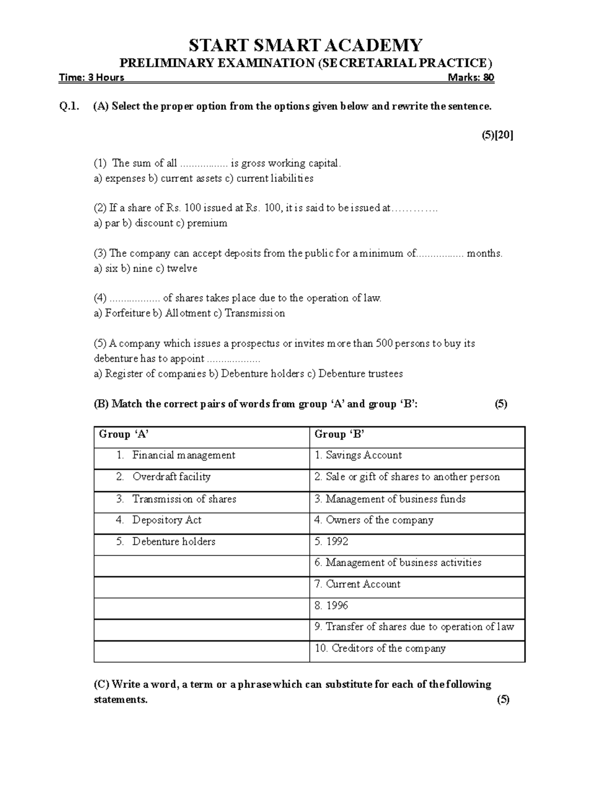 Secretarial Practice 12th Preliminary Exam: Start Smart Academy - Studocu