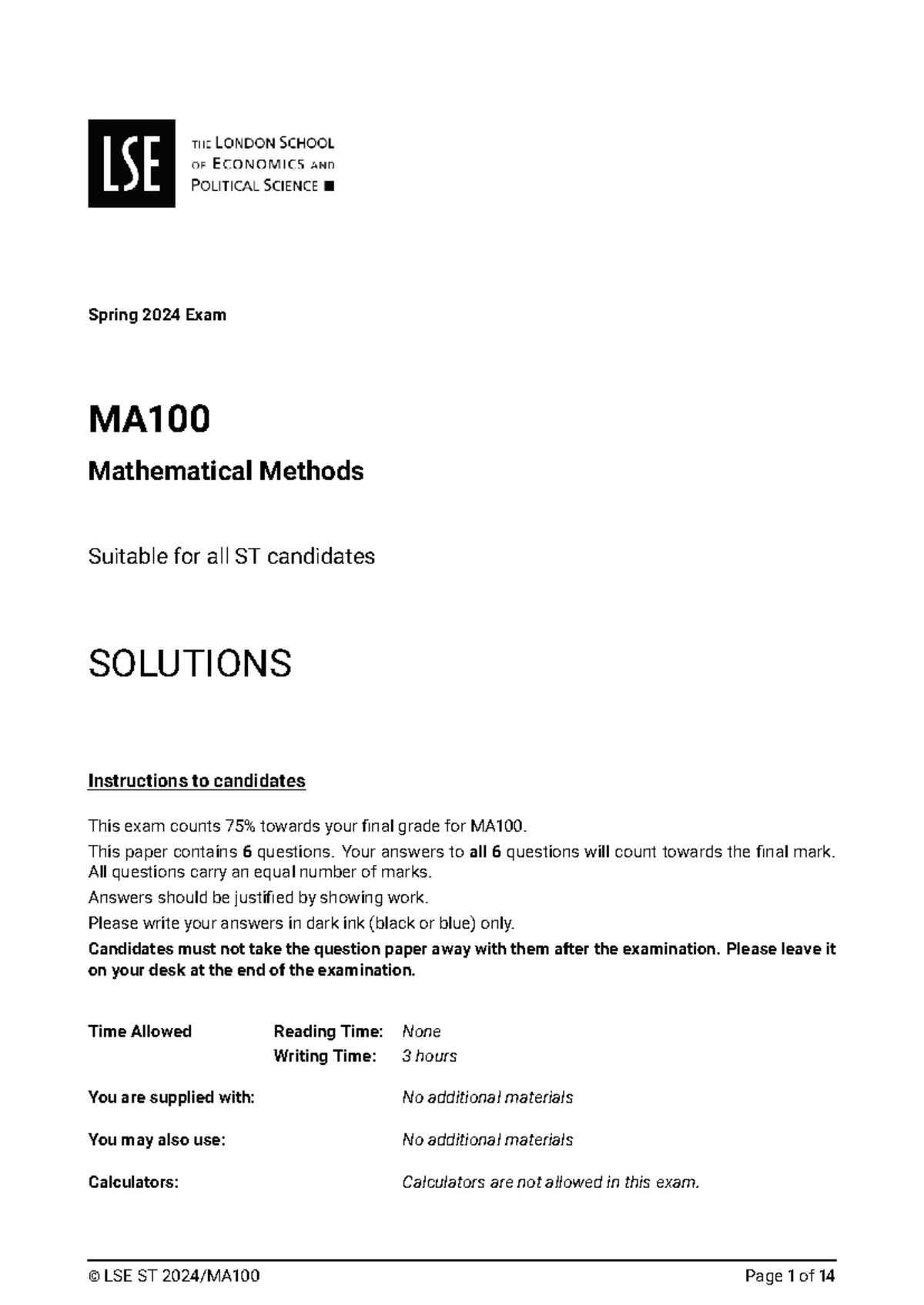 Spring 2024 MA100 Mathematical Methods Exam Solutions for ST Candidates ...